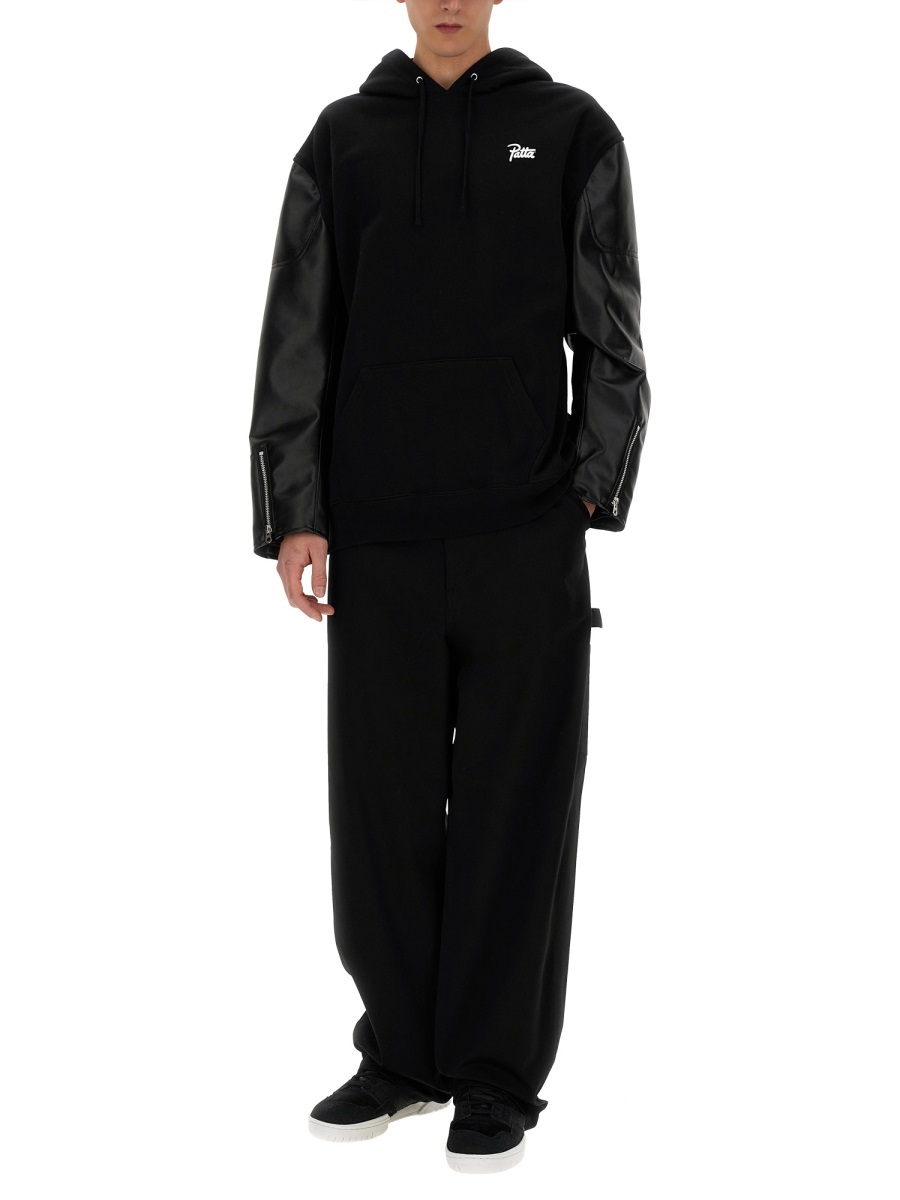 Junya Watanabe Cotton Sweatshirt With Leather Sleeve Panels In Black