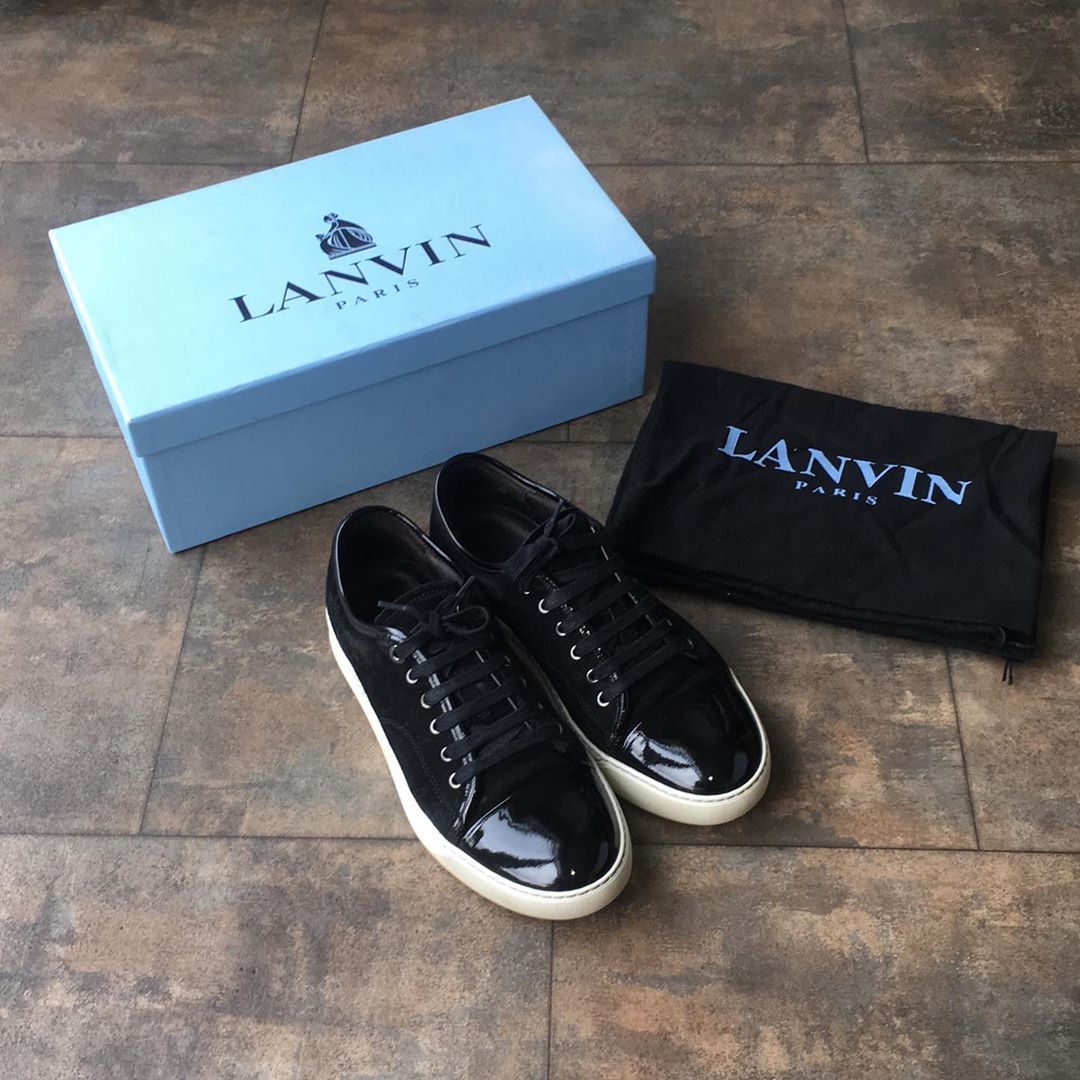 Lanvin Panelled Patent-leather And Velvet Low-top Trainers In Black