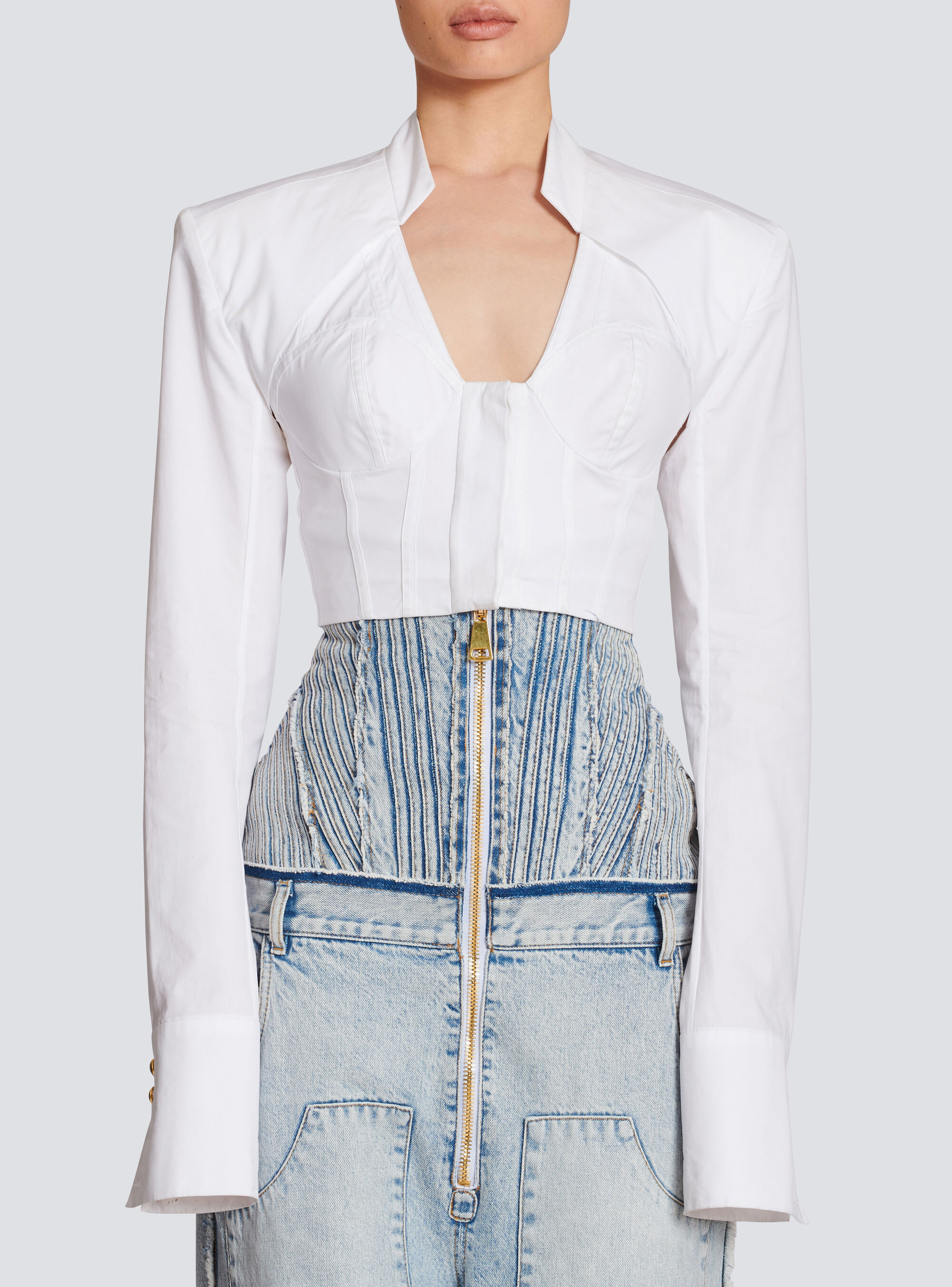 Balmain White Cotton Poplin Cropped Shirt In White