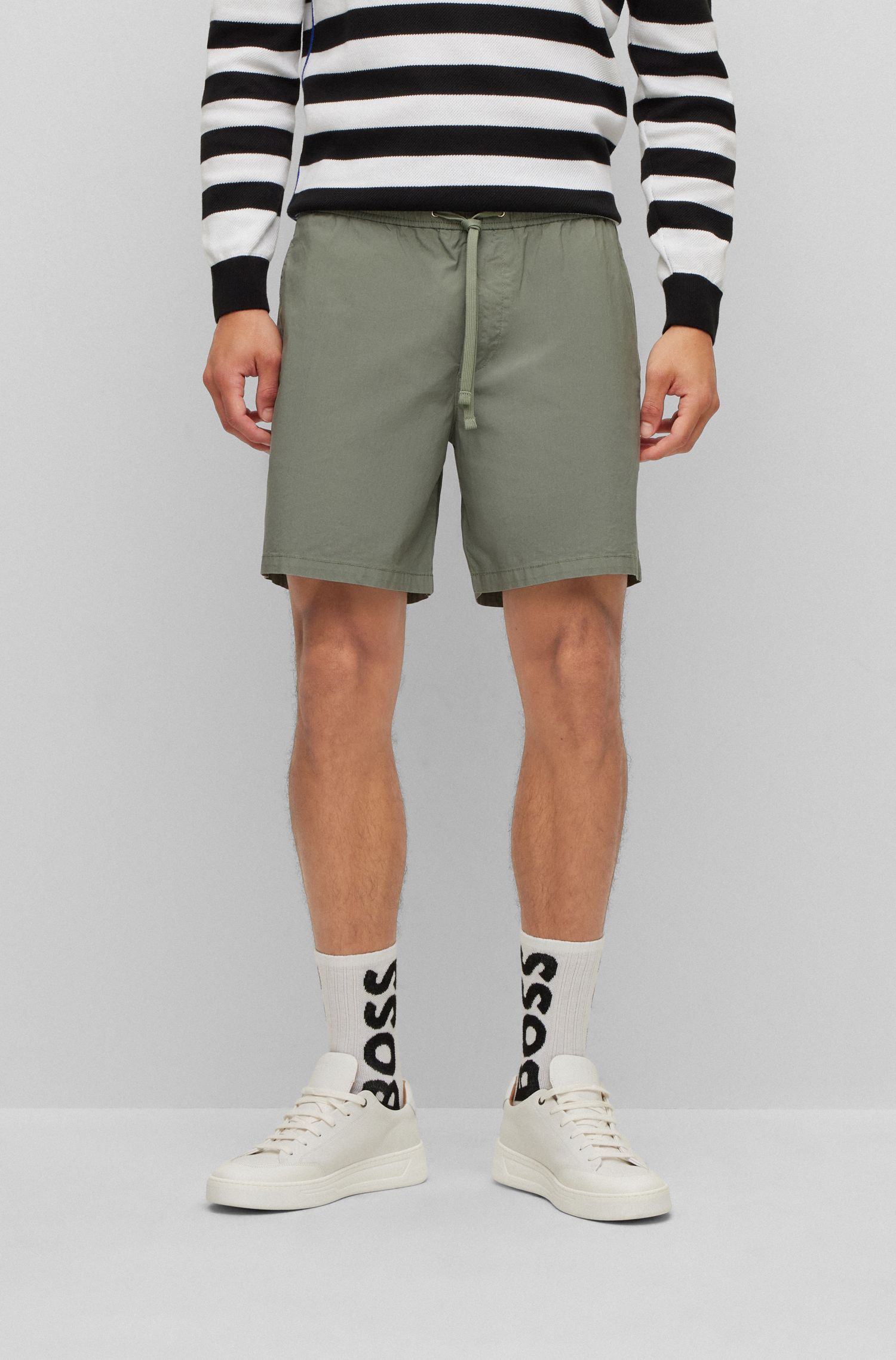 Hugo Boss Logo-patch Drawstring Cotton Shorts In Gray