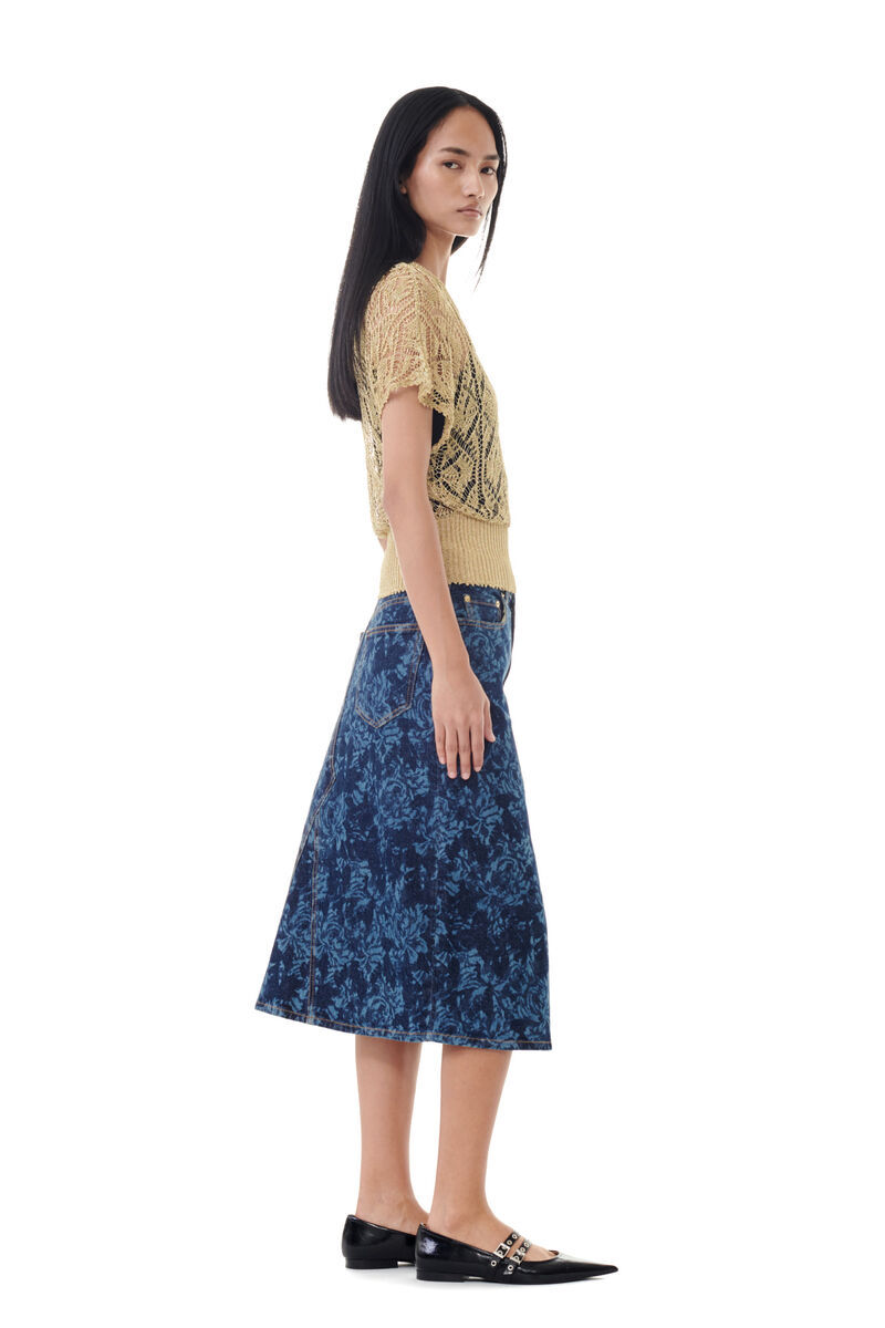 Ganni Lazer Cotton Denim Midi Skirt In Blue