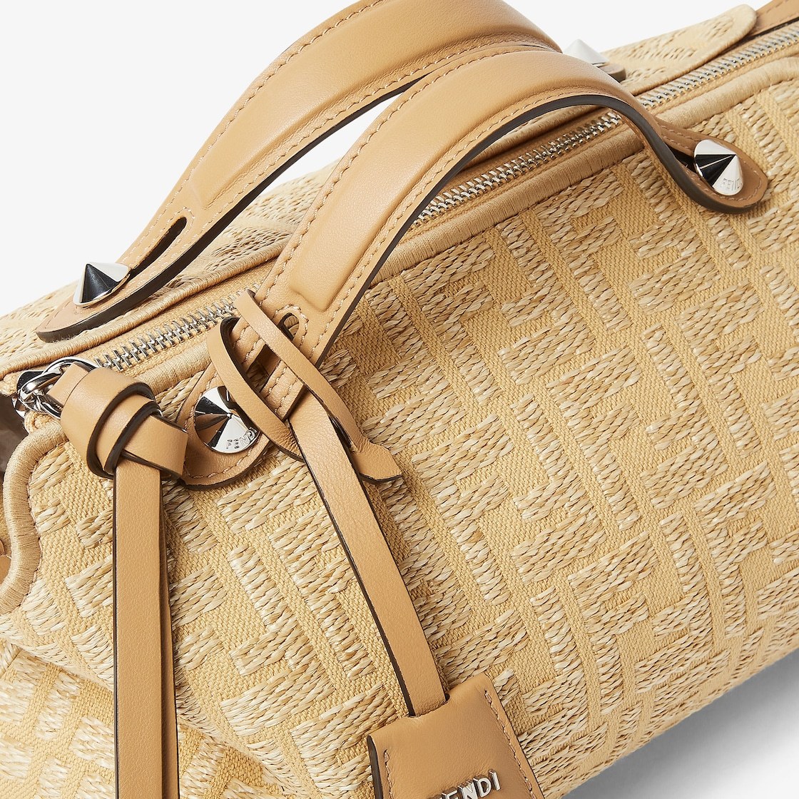 Shop Fendi Jacquard Fabric Bag With Raffia Ff In Beige