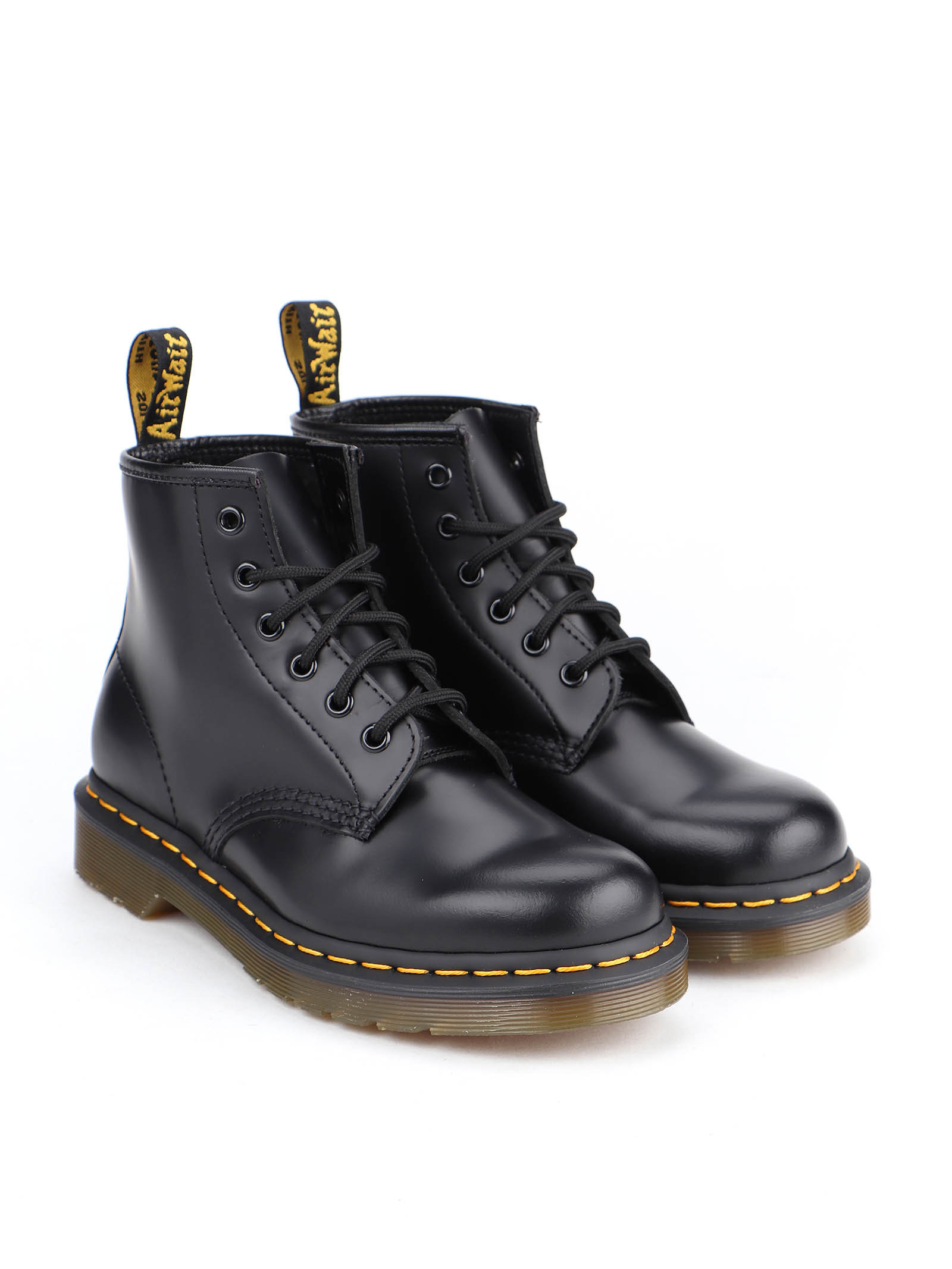 Dr. Martens' 101 Yellow Stitch Smooth Leather Ankle Boots In Black