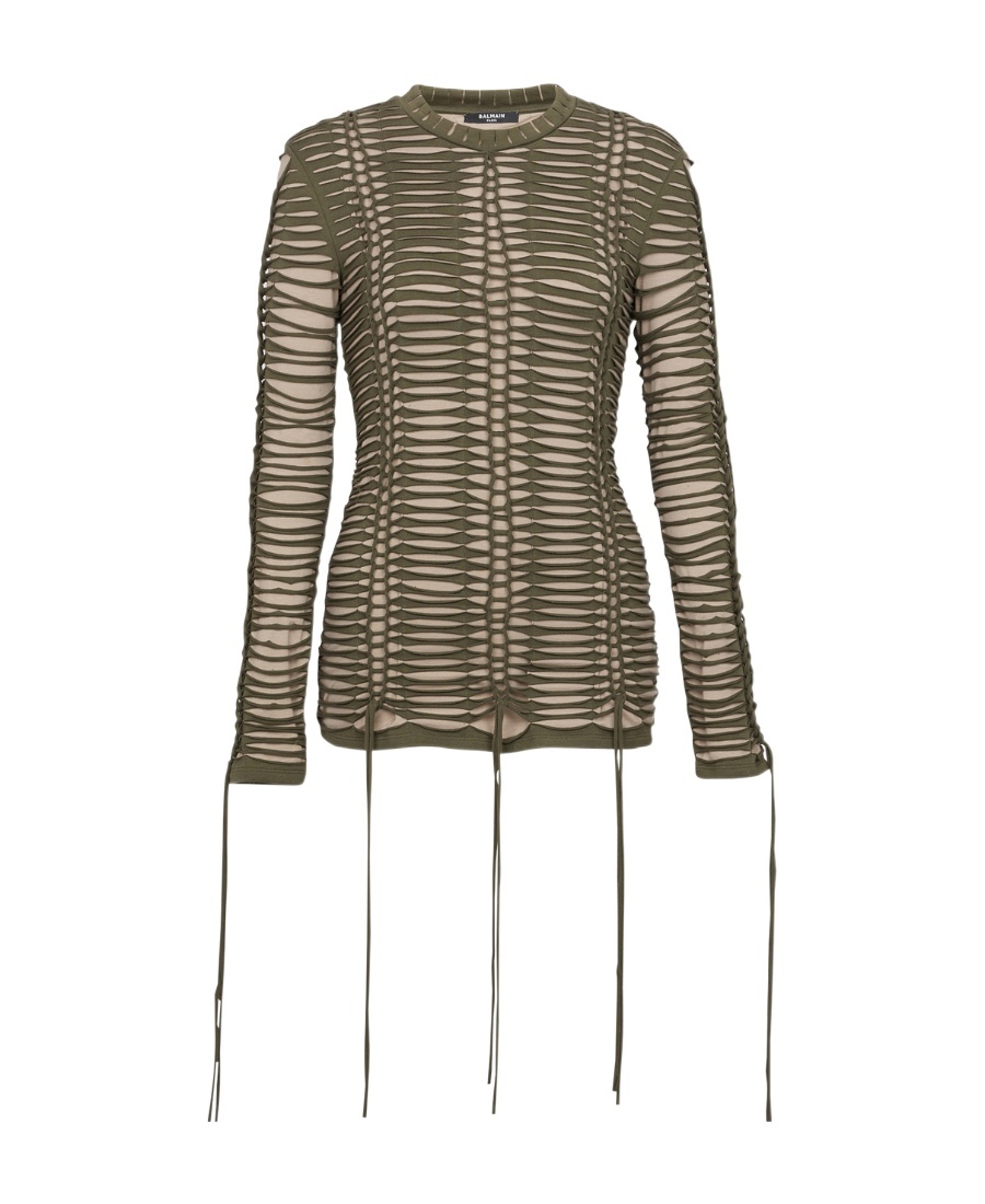 Balmain Two-tone Laser-cut T-shirt In Brown