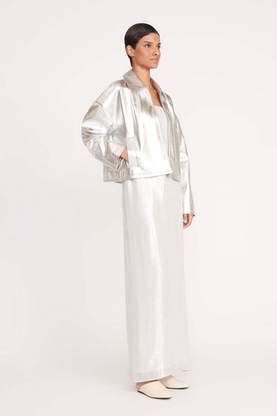 Staud Lennox Metallic Zip Jacket In White