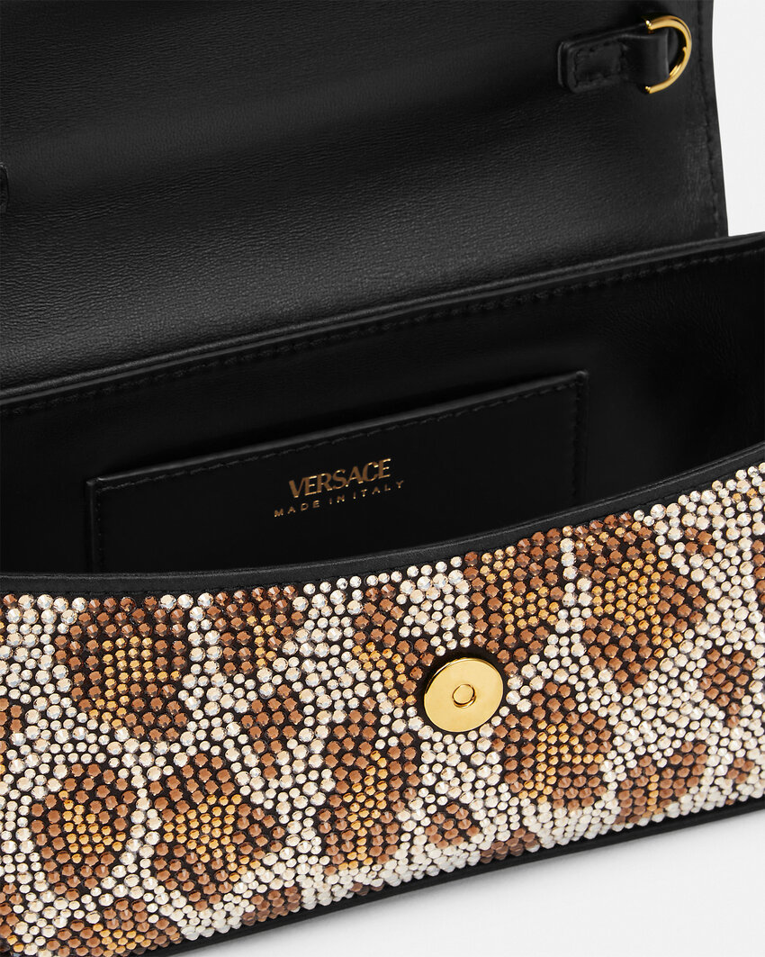 Versace La Medusa Crystal-leopard Mini Bag In Brown