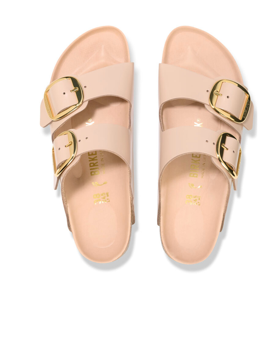 Shop Birkenstock Arizona Big Buckle Leather Slides In Nude