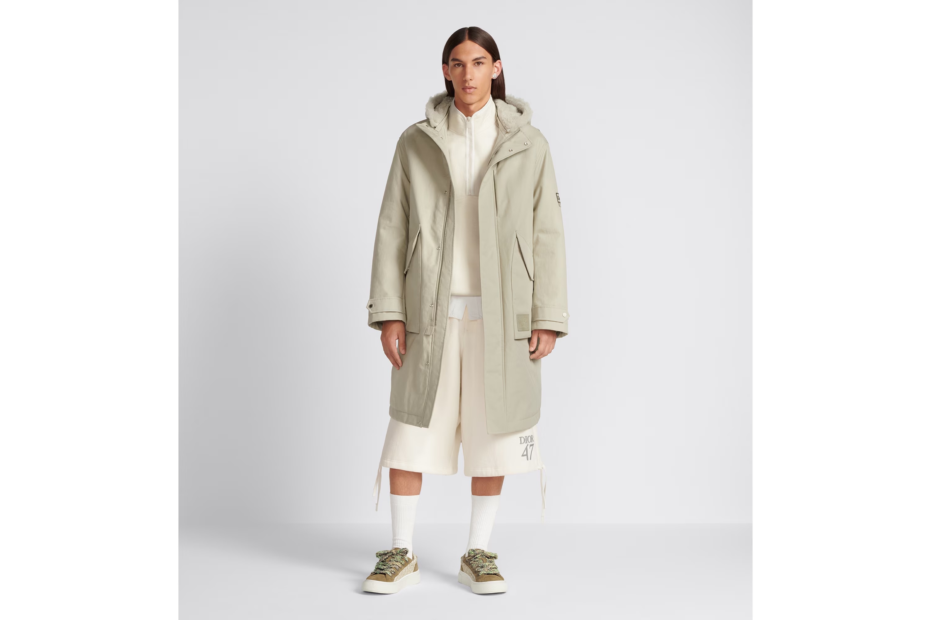 Dior Logo Hooded Coat In Nude