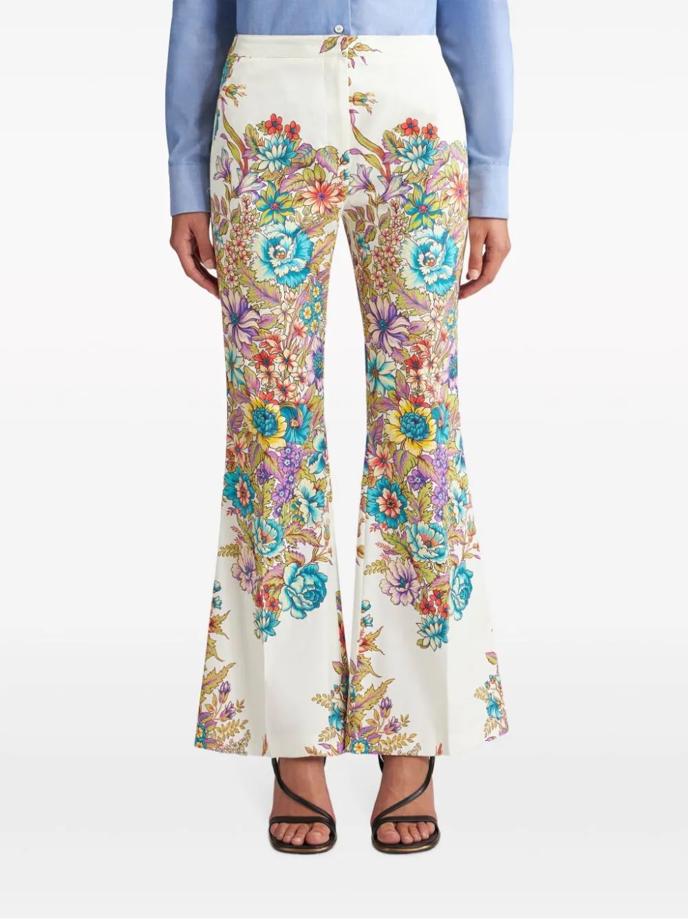 Shop Etro Floral-print Flared Trousers In White