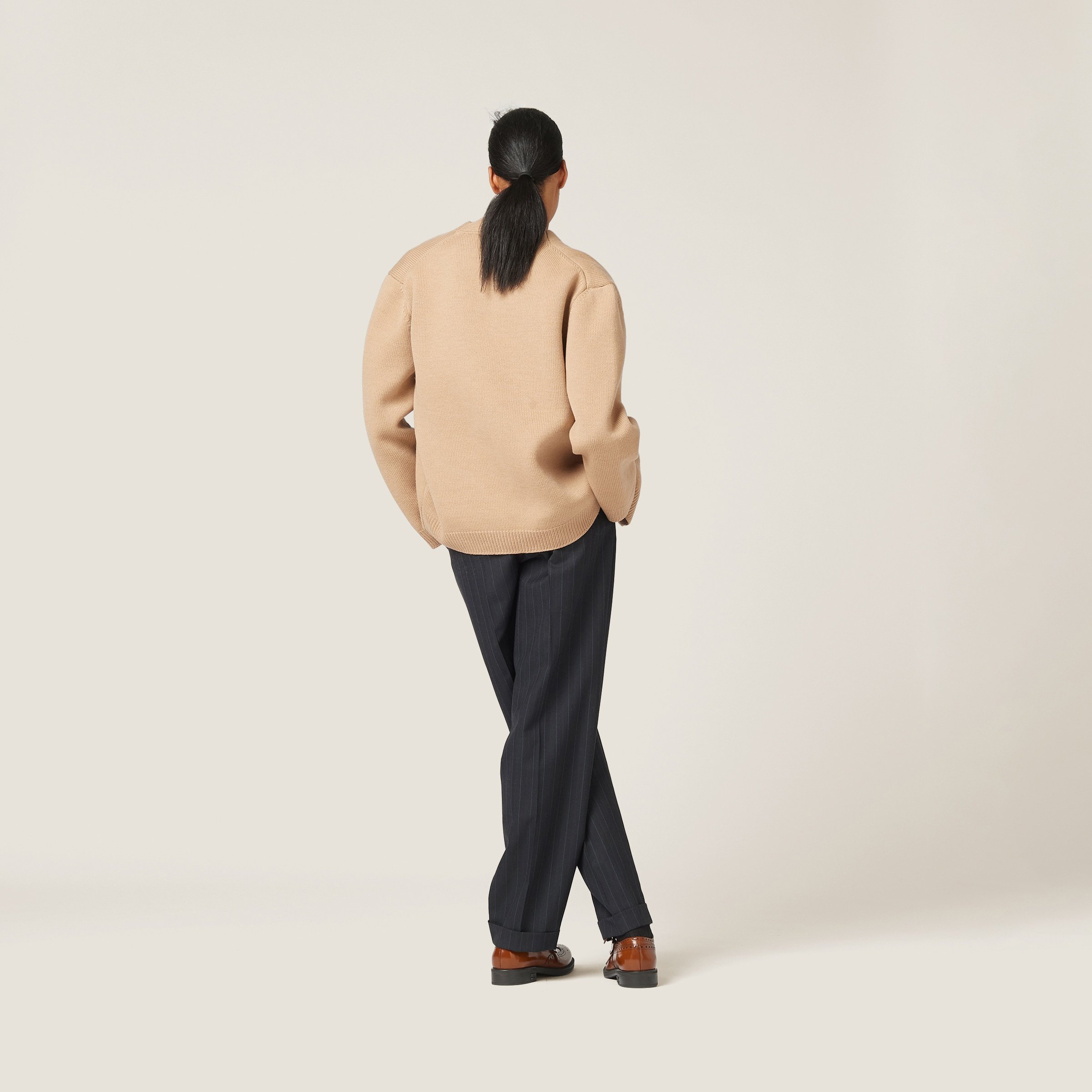 Miu Miu Logo-embroidered Wool Blend Cardigan In Nude