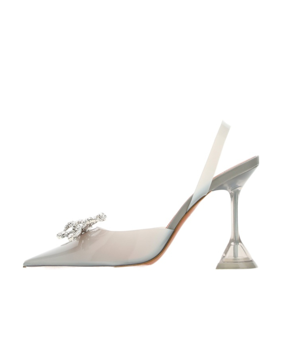 Amina Muaddi Lily Crystal Flower Denim Slide Sandals In White