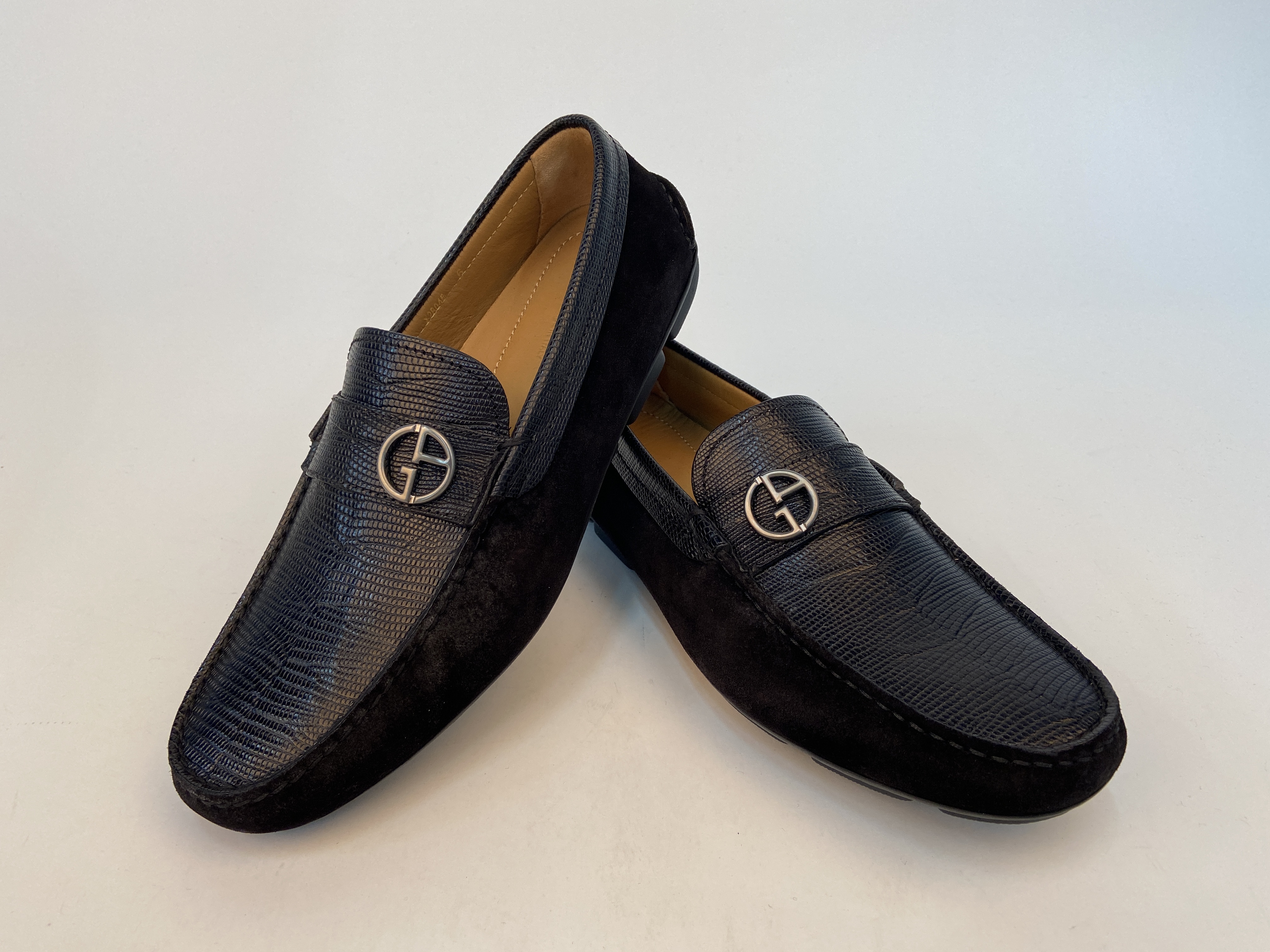 Giorgio Armani Gold Buckle Love Shoes In Black