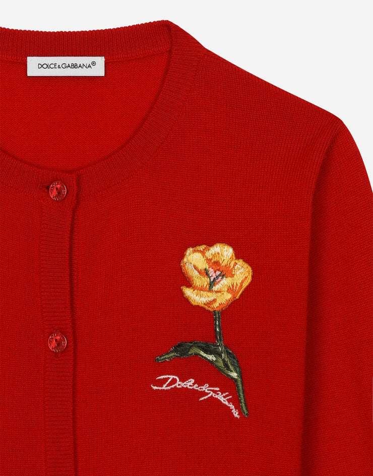 Dolce & Gabbana Girl's Shaved Flower Patch Logo-print Cardigan In Red