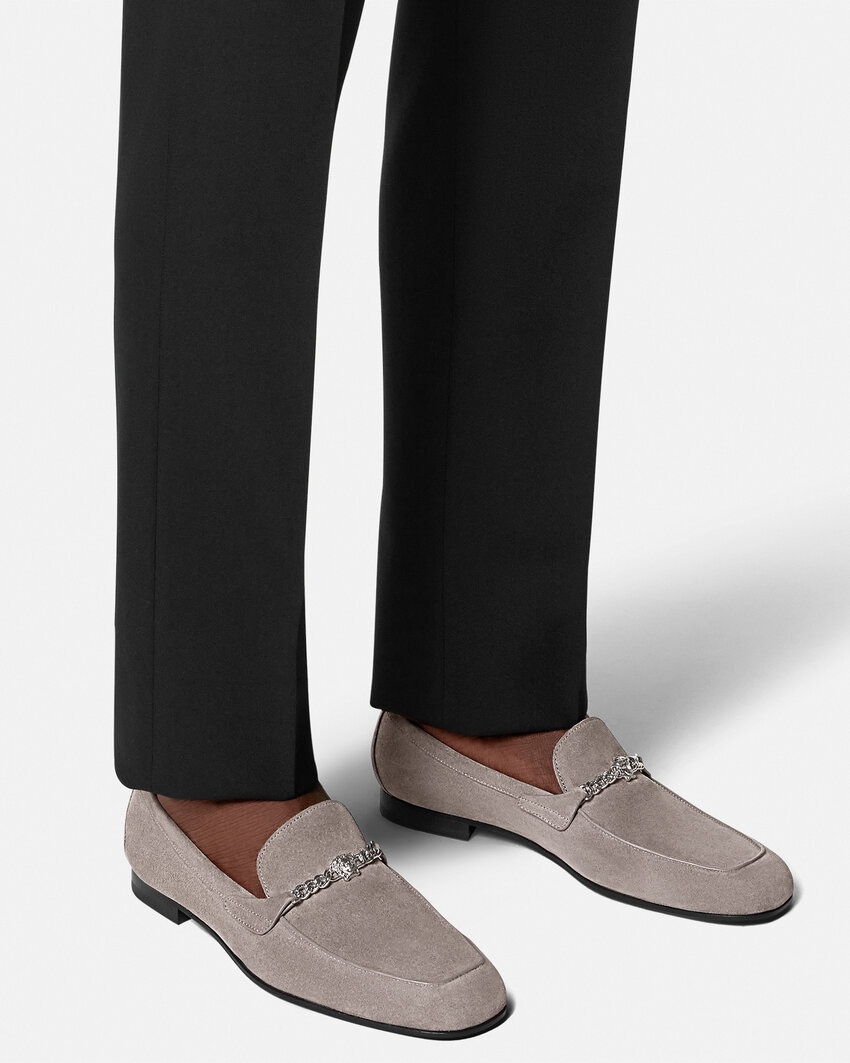 Versace Medusa Suede Loafers In Gray