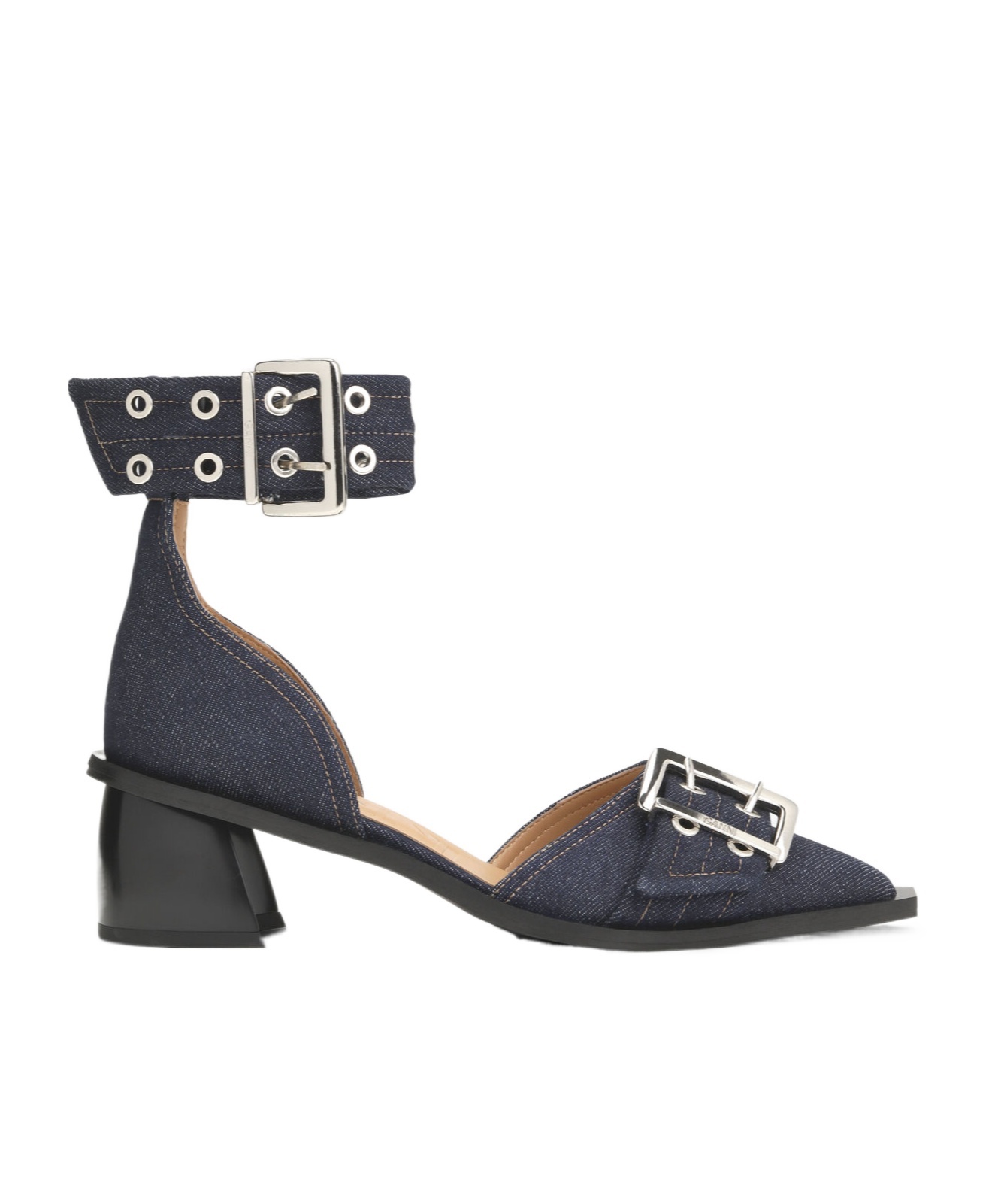 Ganni Denim Feminine Buckle Open Cut Pumps