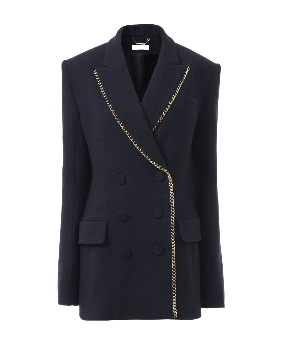 Chloé Double-breasted Wool Jacket With Structured Shoulders In Blue