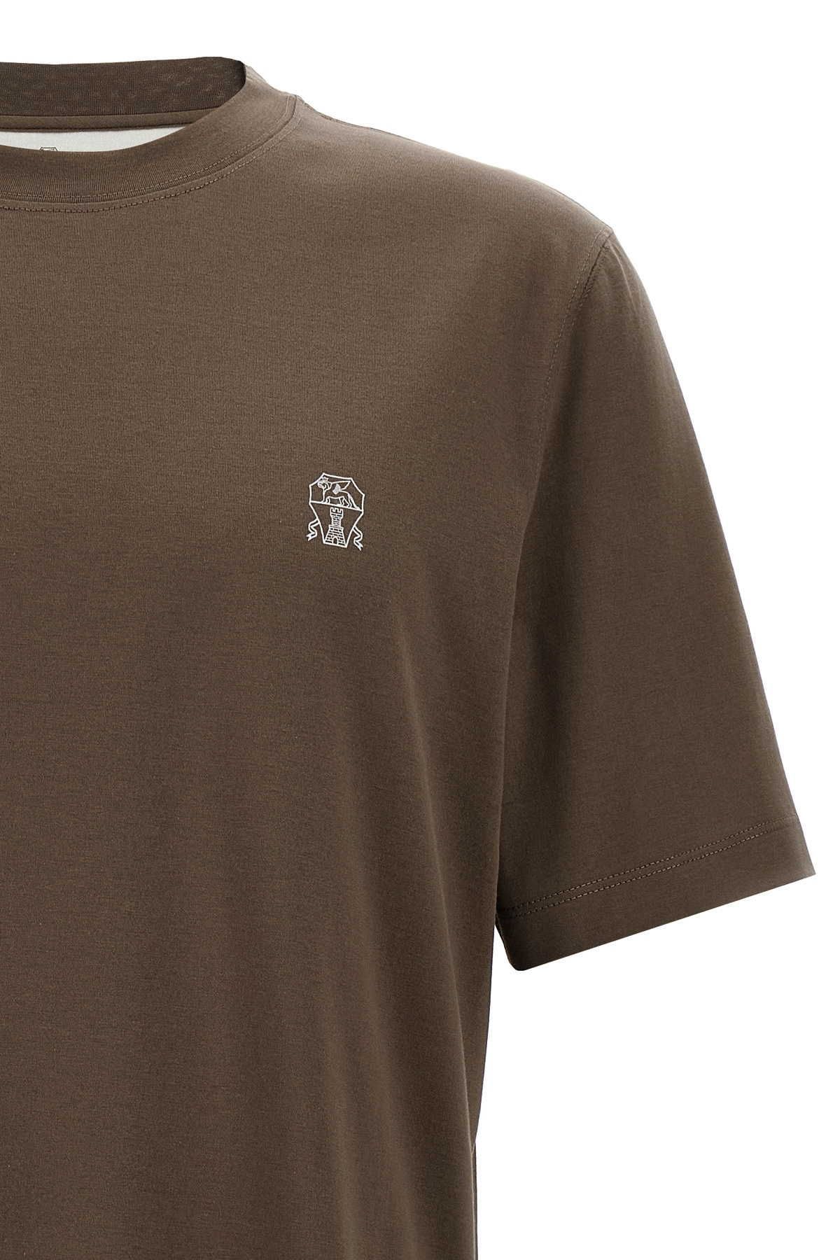 Brunello Cucinelli Printed Logo Crew Neck T-shirt With Side Slits In Brown