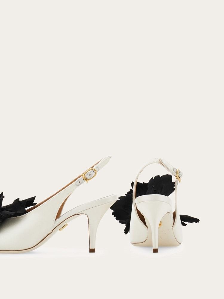 Ferragamo Flower Embellished Slingback In White