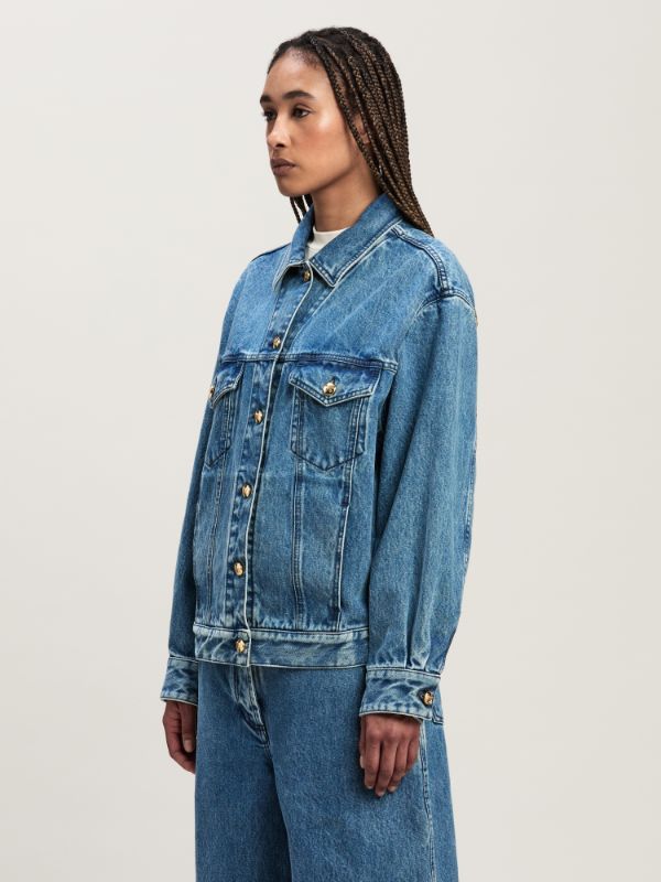 Palm Angels Printed Denim Jacket In Blue