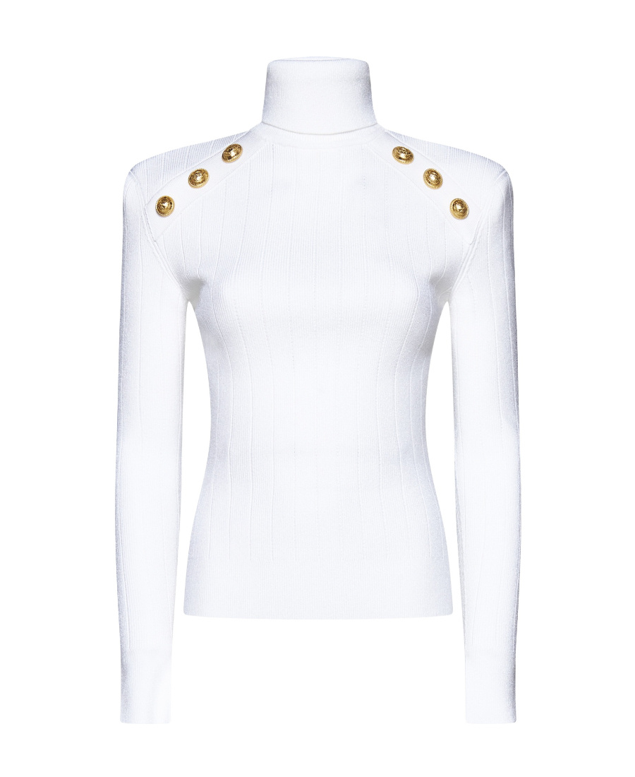Shop Balmain Knit Jumper With Gold Buttons In White