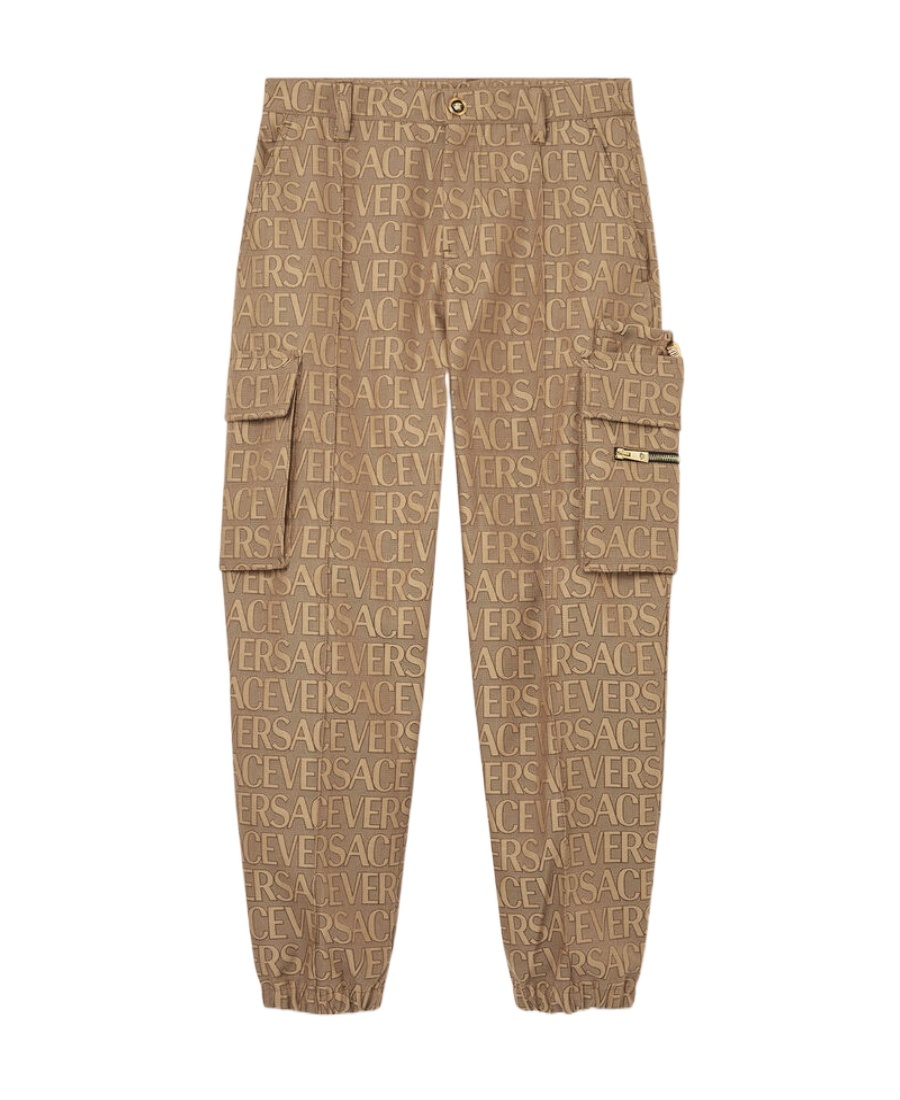 Versace Allover Logo-print Cargo Trousers In Brown