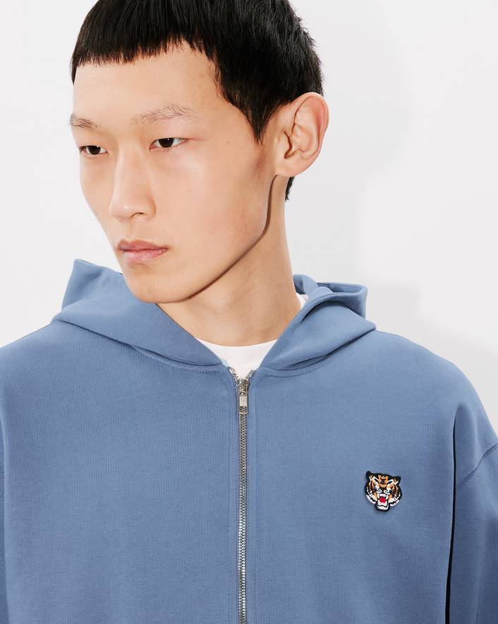 Kenzo Lucky Tiger Embroidery Zipper Hoodie In Blue