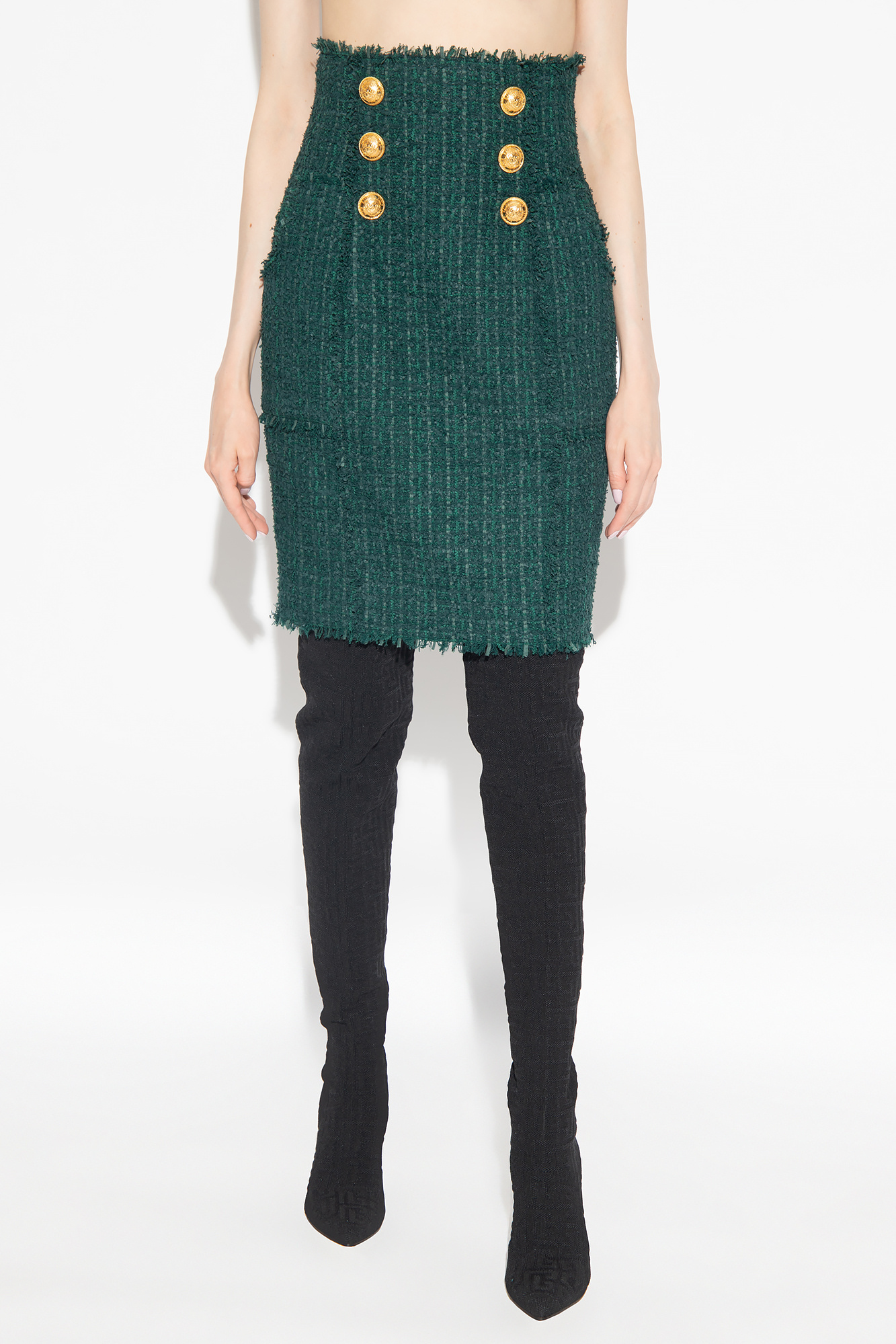 Balmain Tweed Double-breasted Pencil Skirt In Green