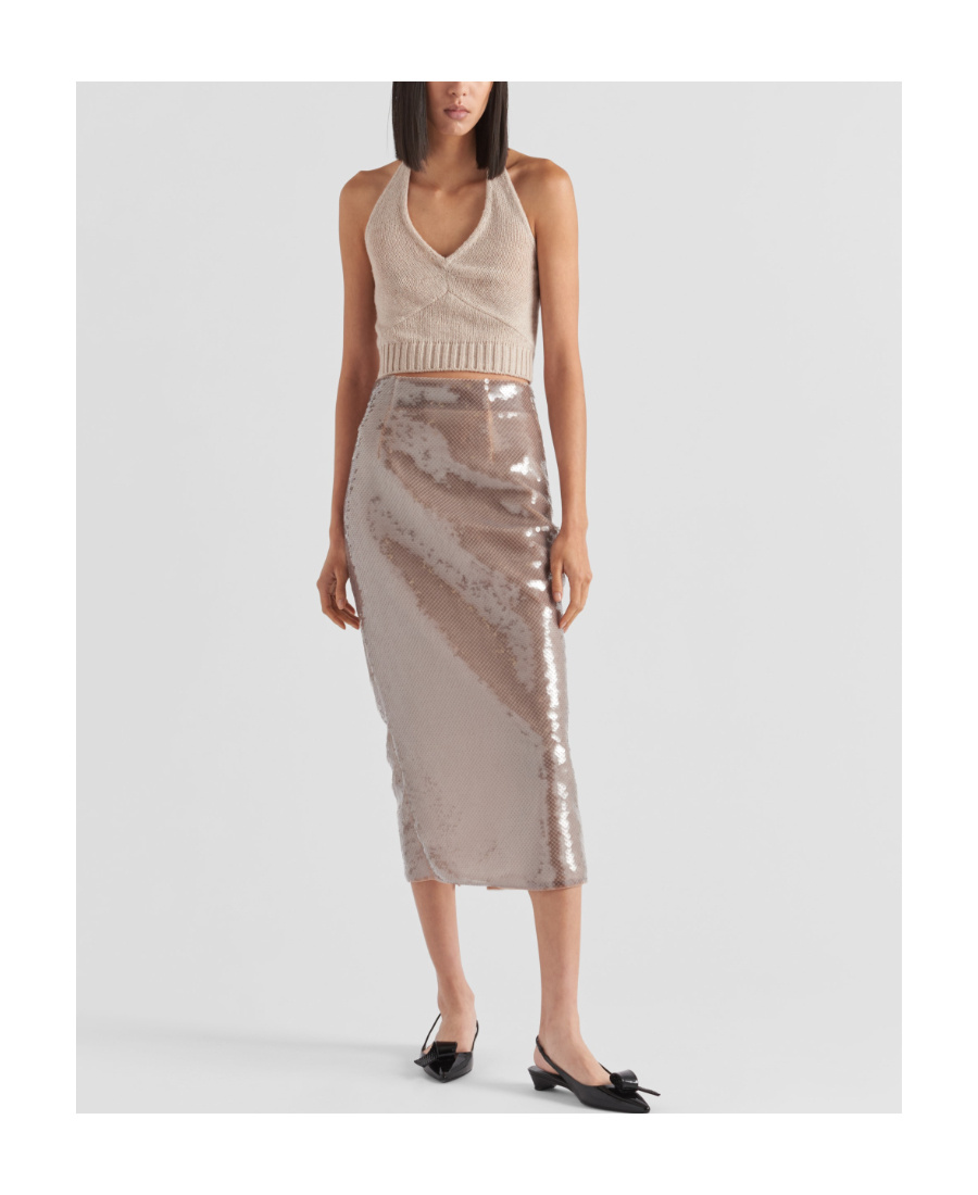 Prada Triangle Logo Mesh Pencil Skirt In Gray
