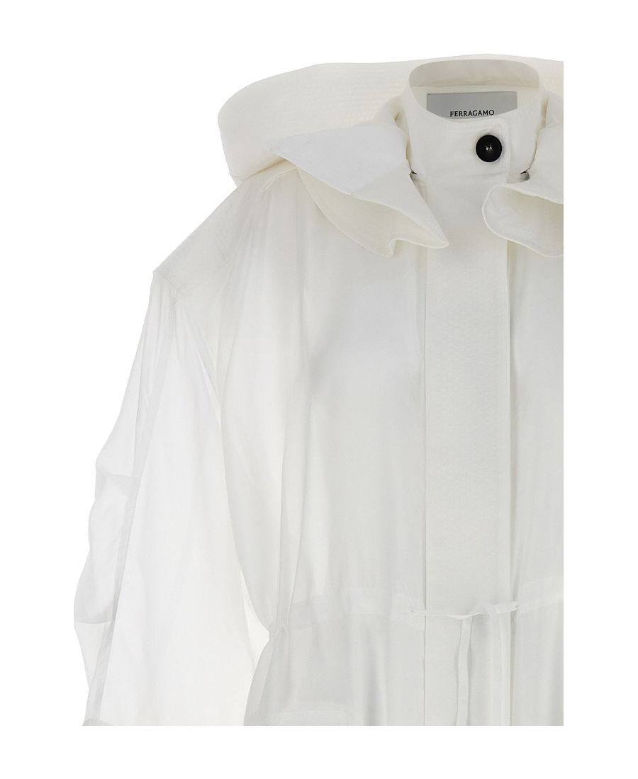 Ferragamo Silk Blend Chiffon Trenchcoat With Removable Hood In White
