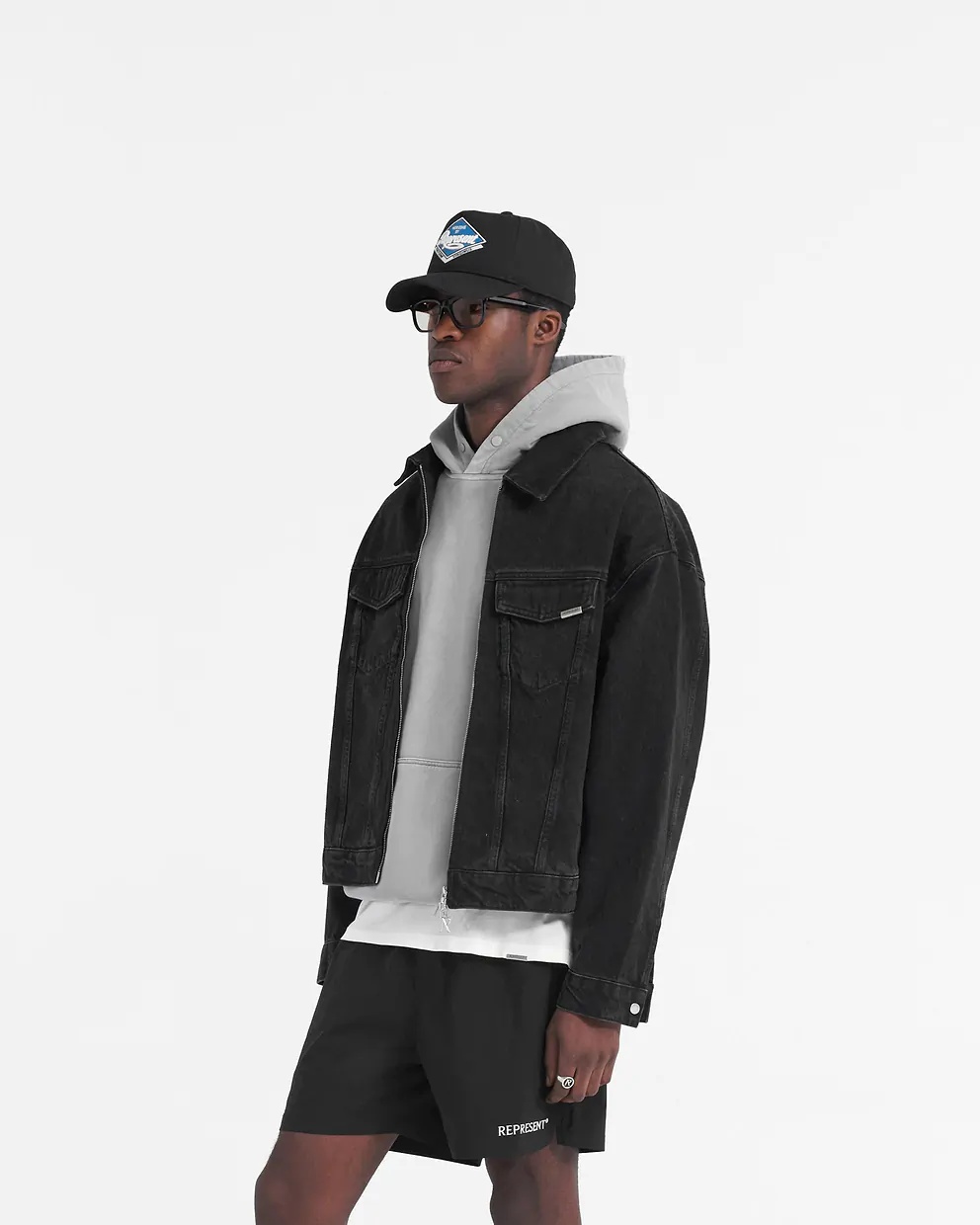 Represent Black Jacket With Classic Collar And Logo Patch On The Pocket In Denim Man In Black