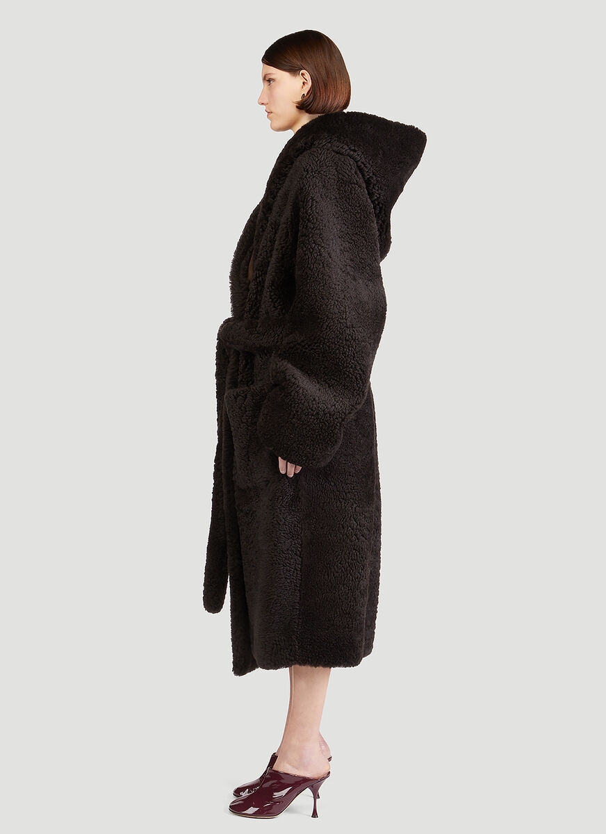 Bottega Veneta Hooded Belted Shearling Coat In Black