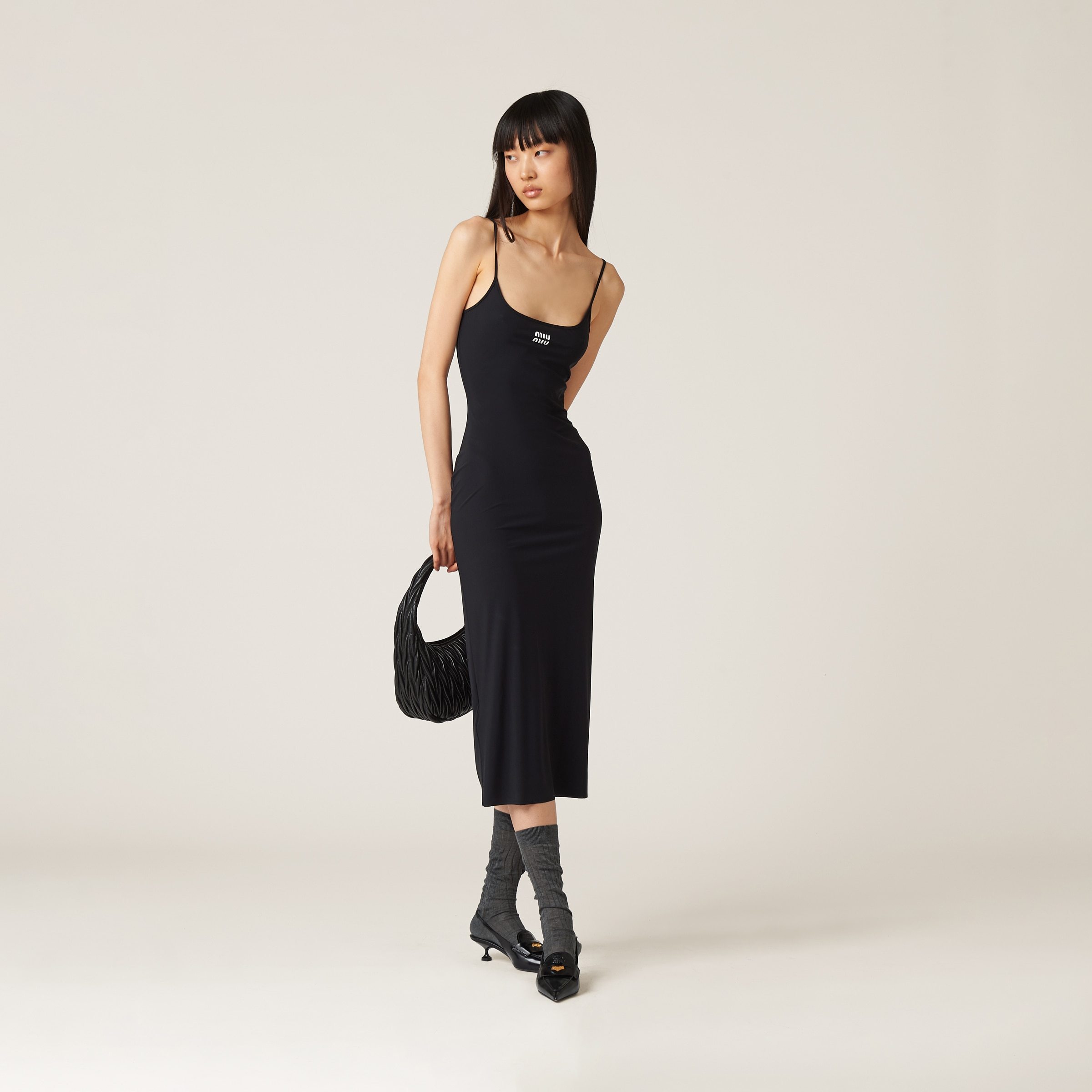 Miu Miu Drs Midi Sqr Nck Slvlss Frnt Lofo Fttd Jrsy In Black
