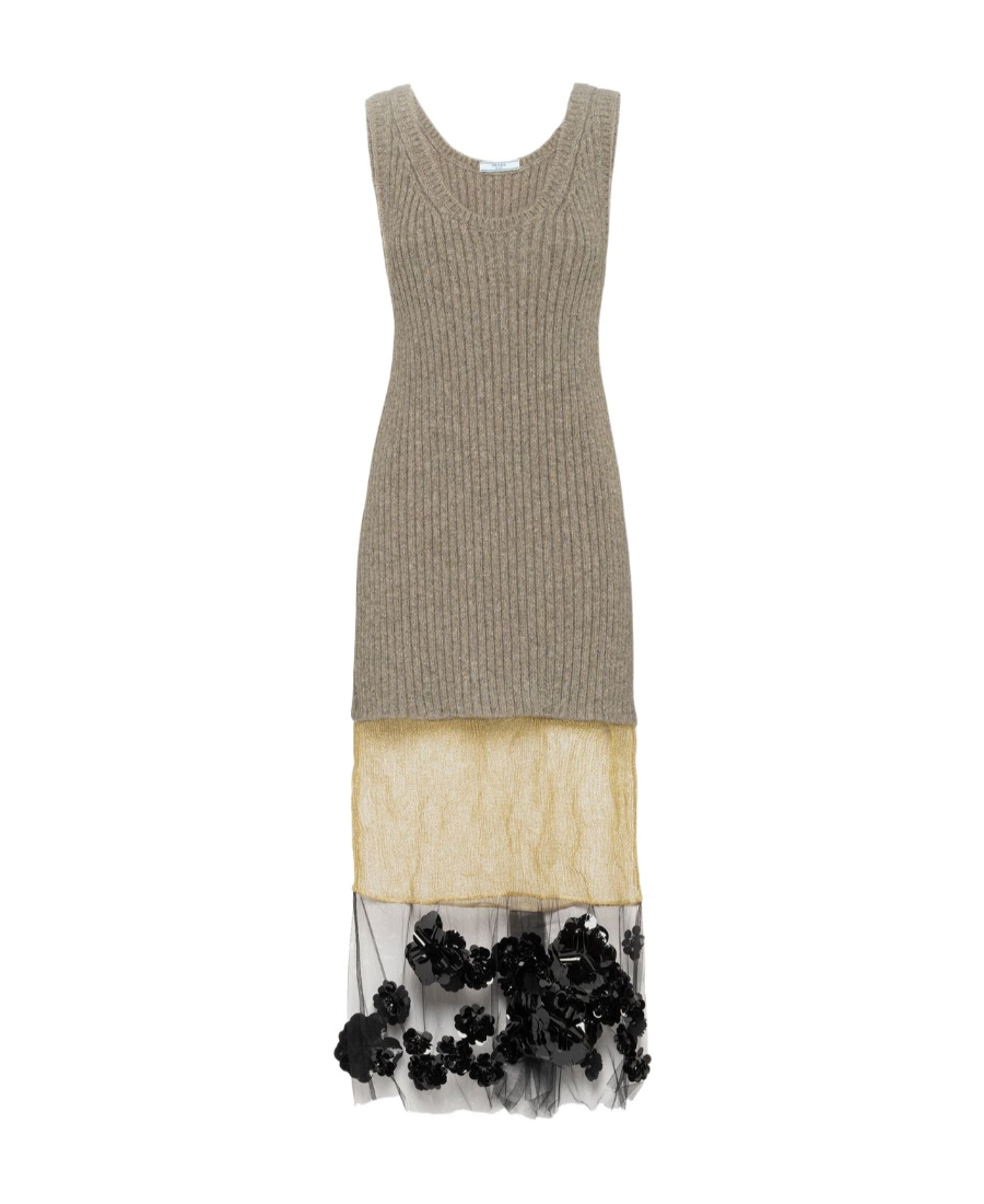 Prada Sleeveless Floral-embroidered Knit Dress In Nude