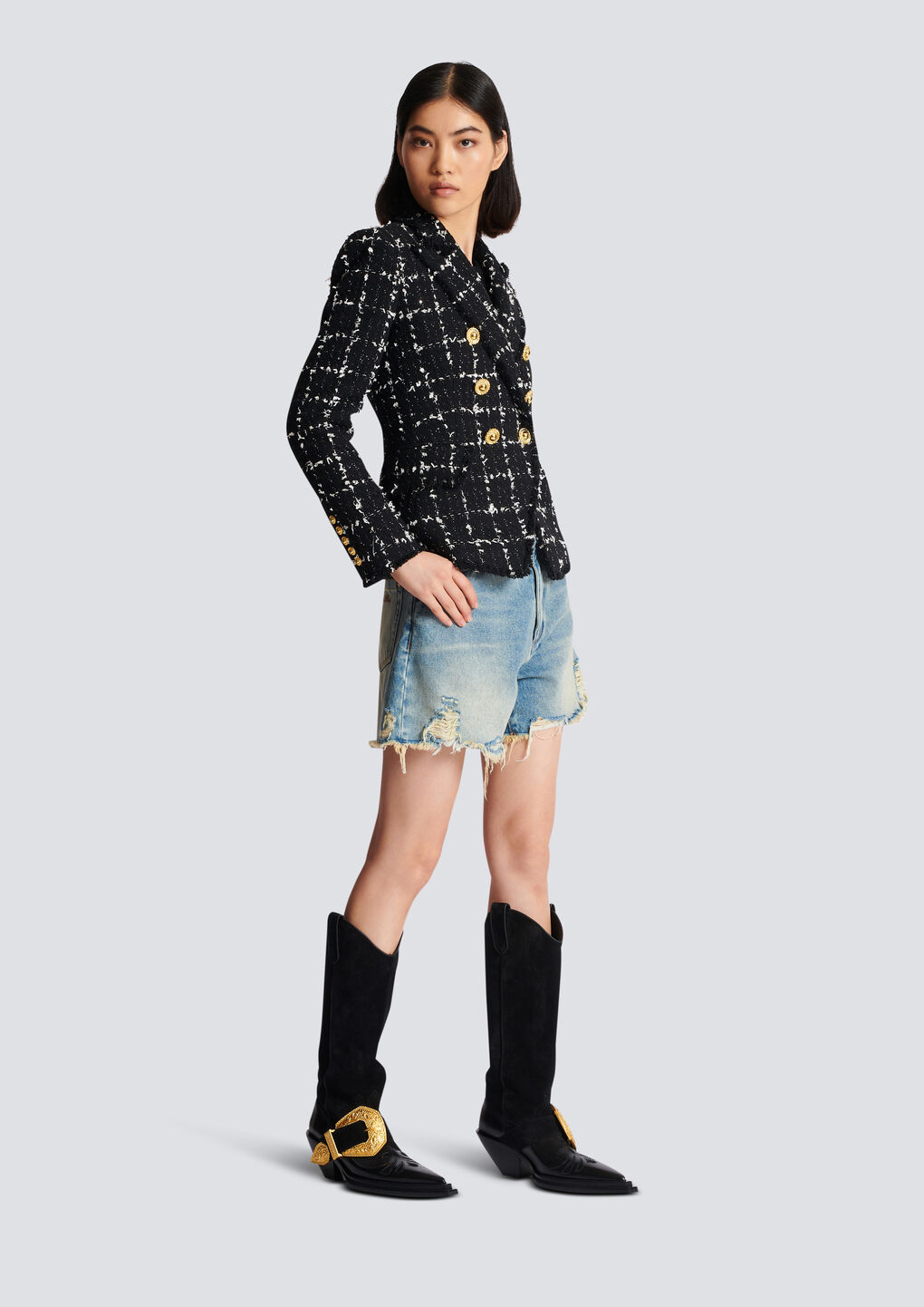 Balmain Grid Tweed Double-breasted Blazer In Black