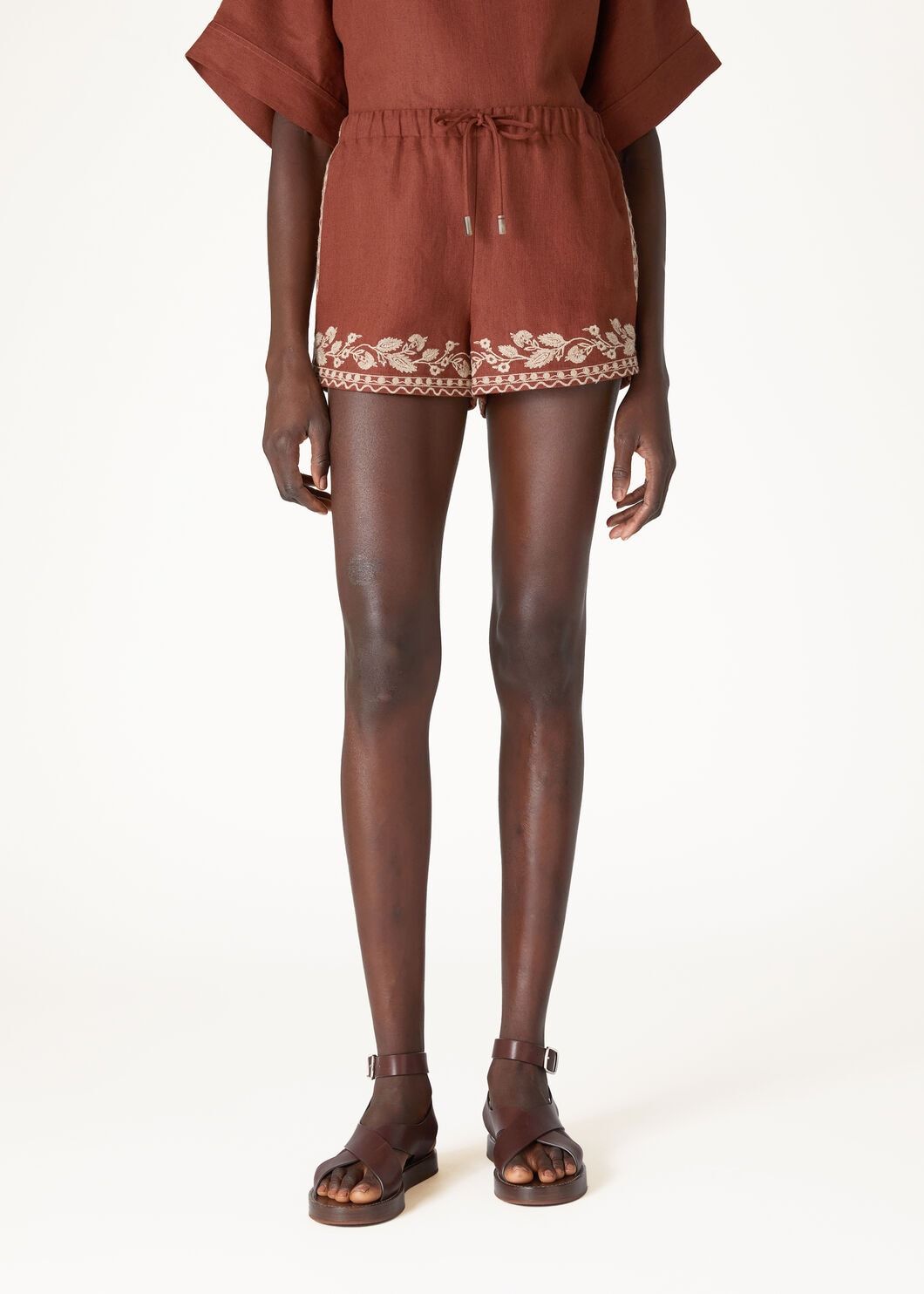 Loro Piana Ernst Embroidered Drawstring Flax Shorts In Brown Sugar Brown Red