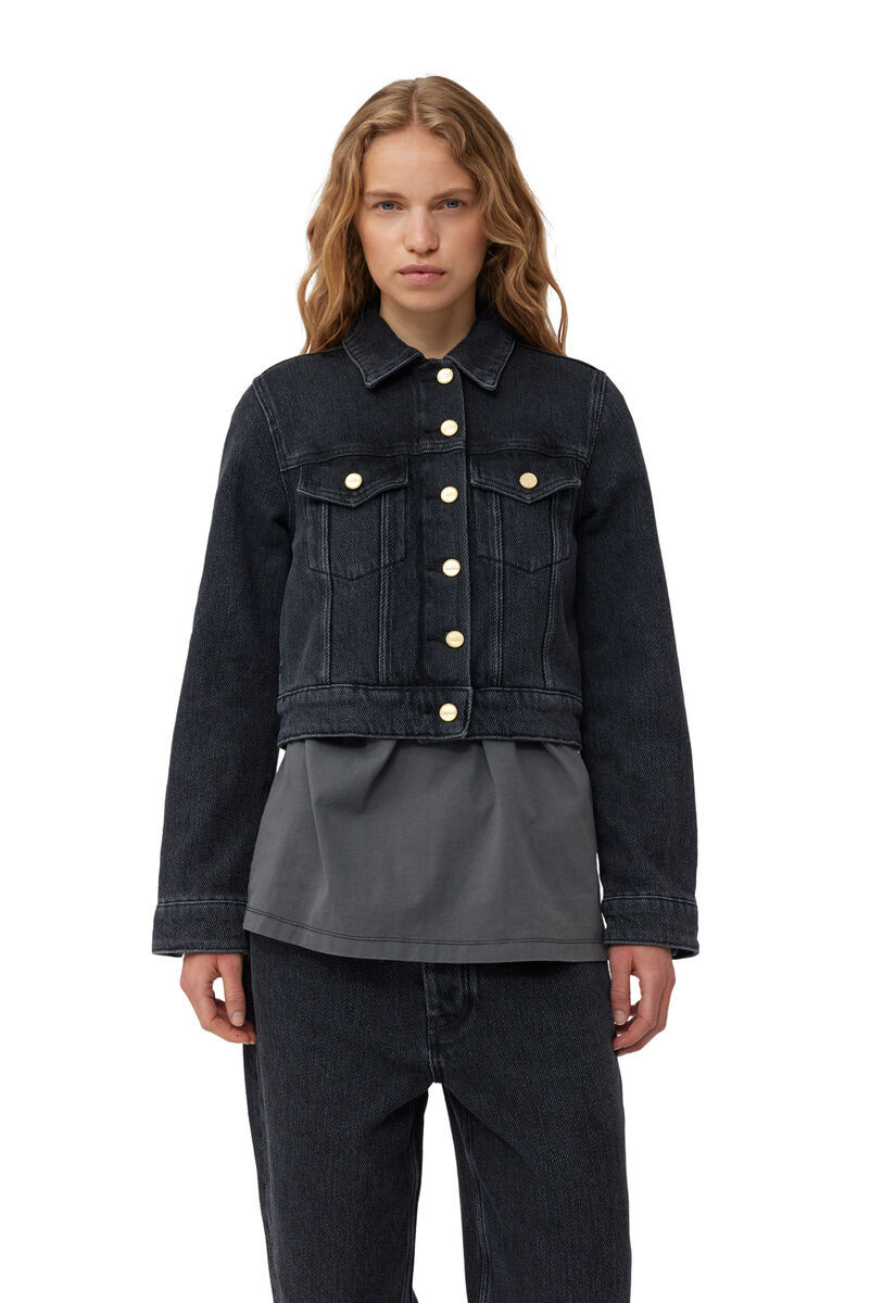 GANNI WASHED BLACK HEAVY CROPPED DENIM JACKET 