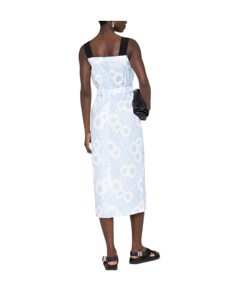 Prada Floral-print Off-shoulder Cotton Dress In Blue