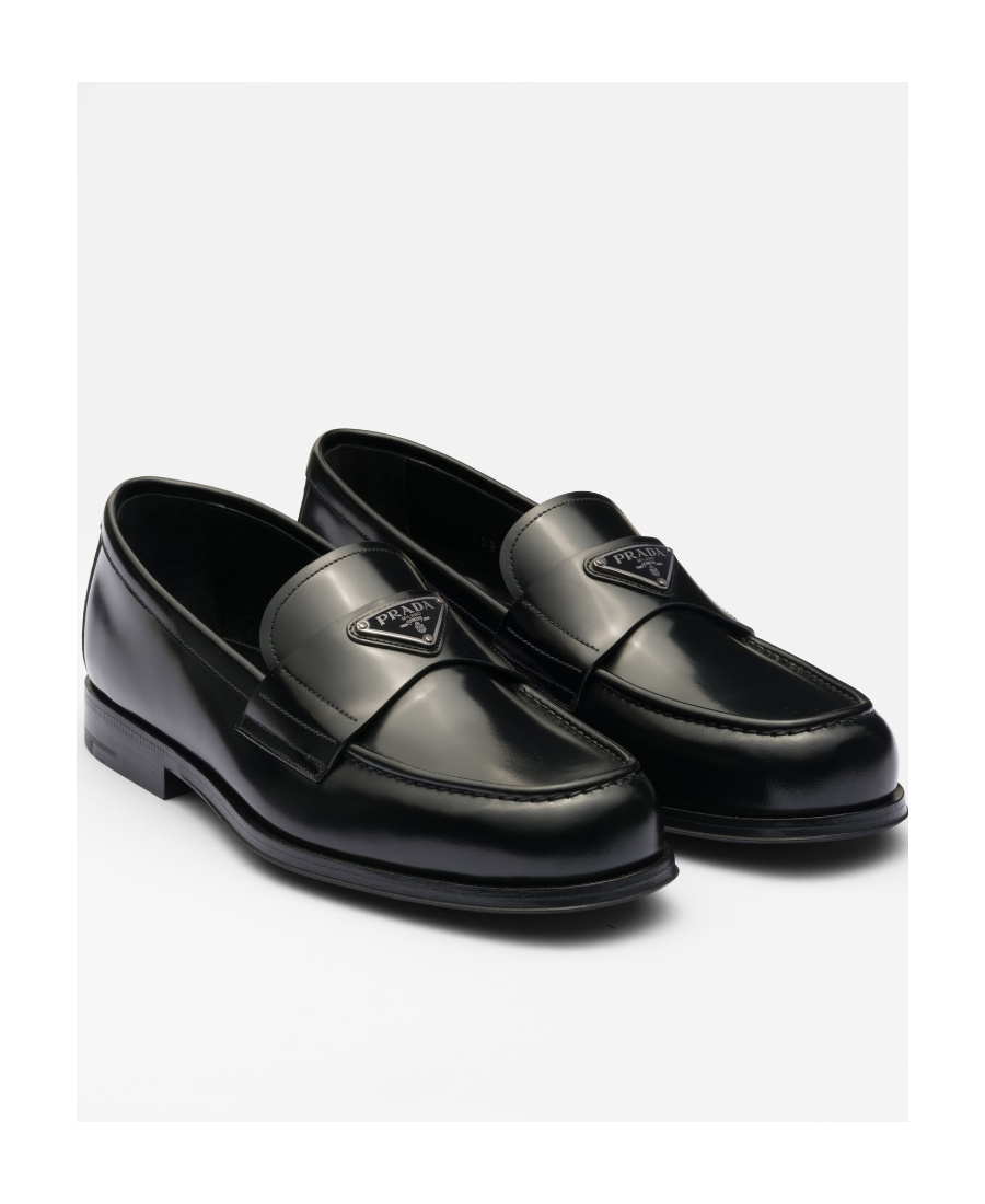 Prada Triangle Logo Chocolate Brushed Leather Loafers In Black