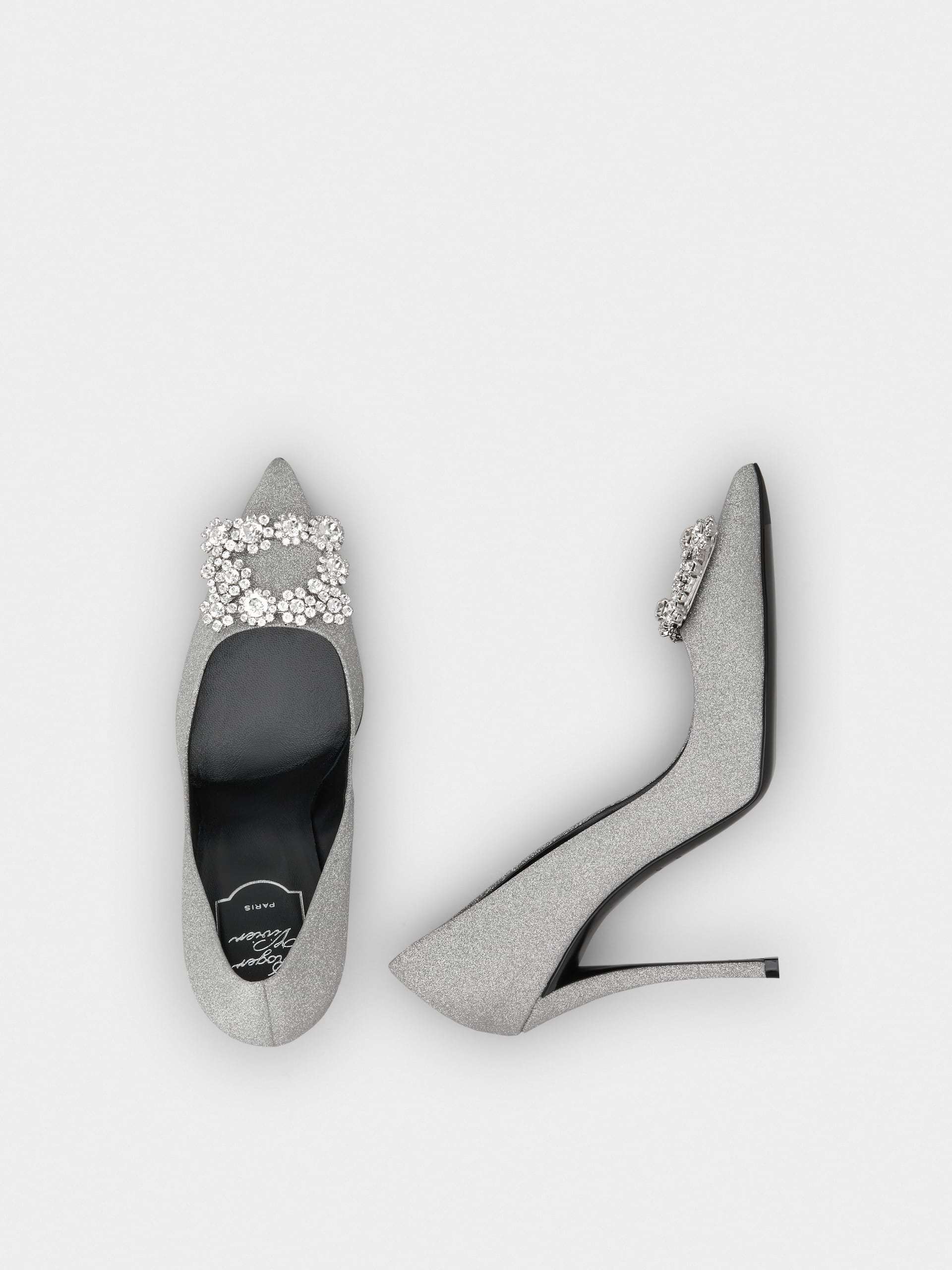 Roger Vivier 100 Crystal Flower Buckle Pumps In Glitter Fabric In Silver
