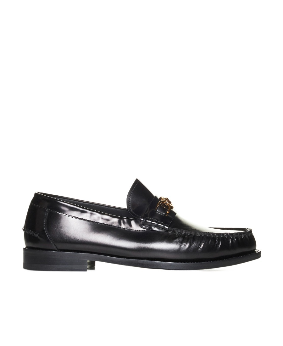 Versace Horsebit-embellished Croc-effect Patent-leather Loafers In Black