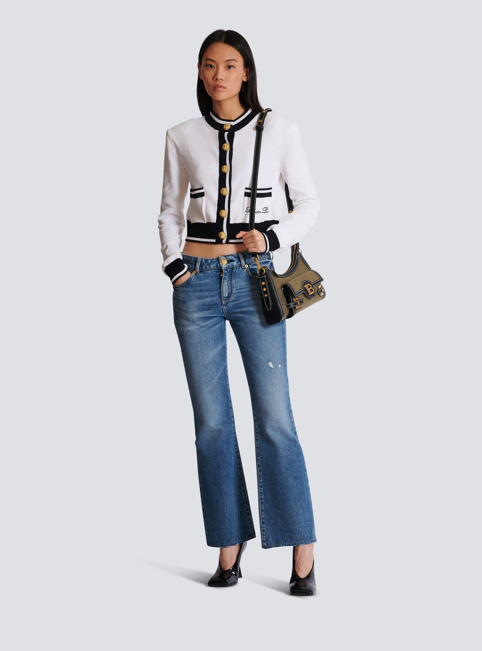 BALMAIN B-BUZZ HOBO BAG IN LEATHER AND CANVAS