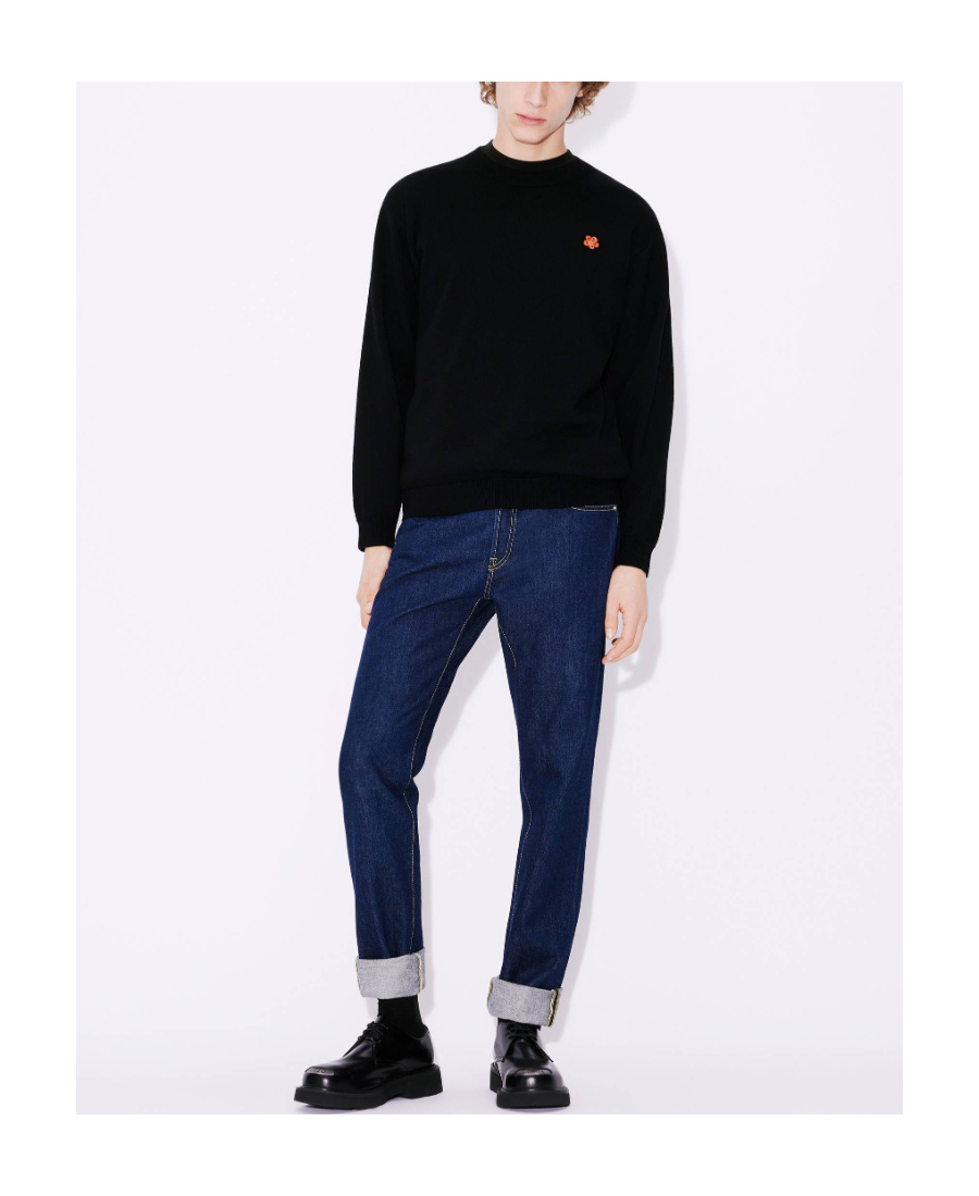 Kenzo Black Knit Jumper With Boke Flower Logo Patch On The Chest In Wool Man In Black