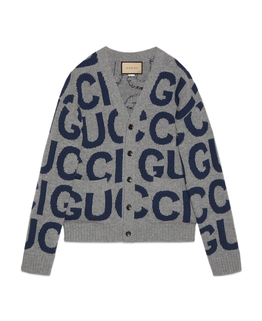 Gucci Logo-intarsia Wool Cardigan In Gray