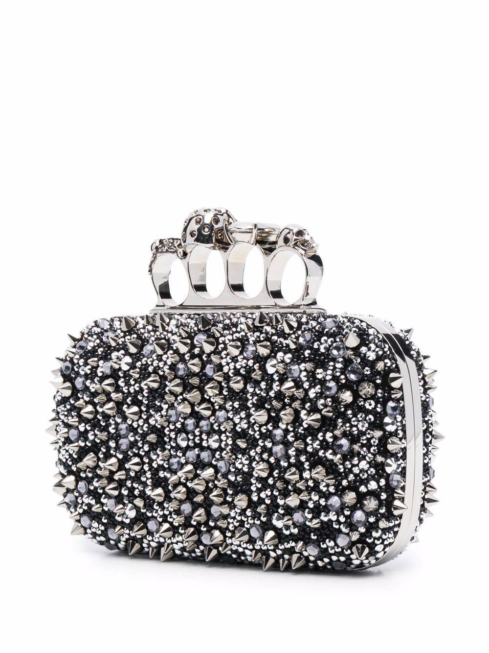 Alexander Mcqueen Four Ring Embellished Suede Clutch In Black