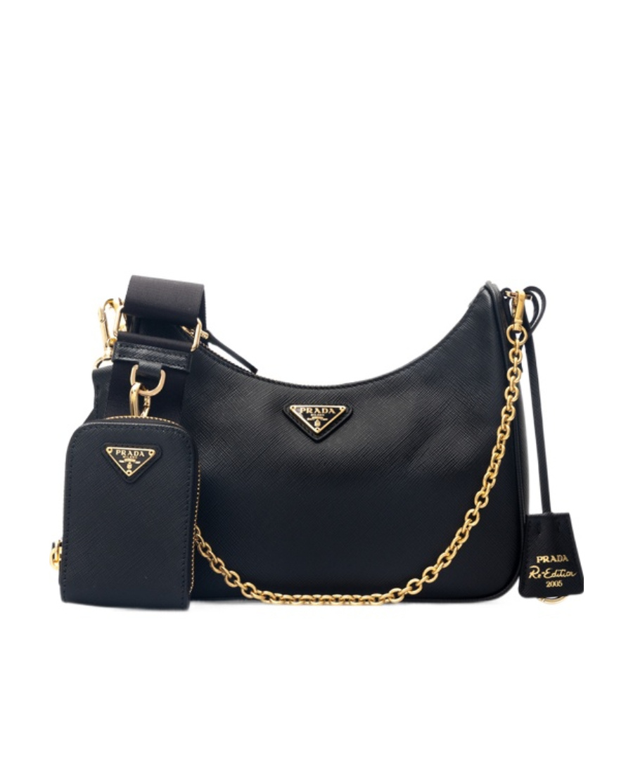 Prada Curved Black Bag With Gold Chain Strap And Logo Plaque In Black