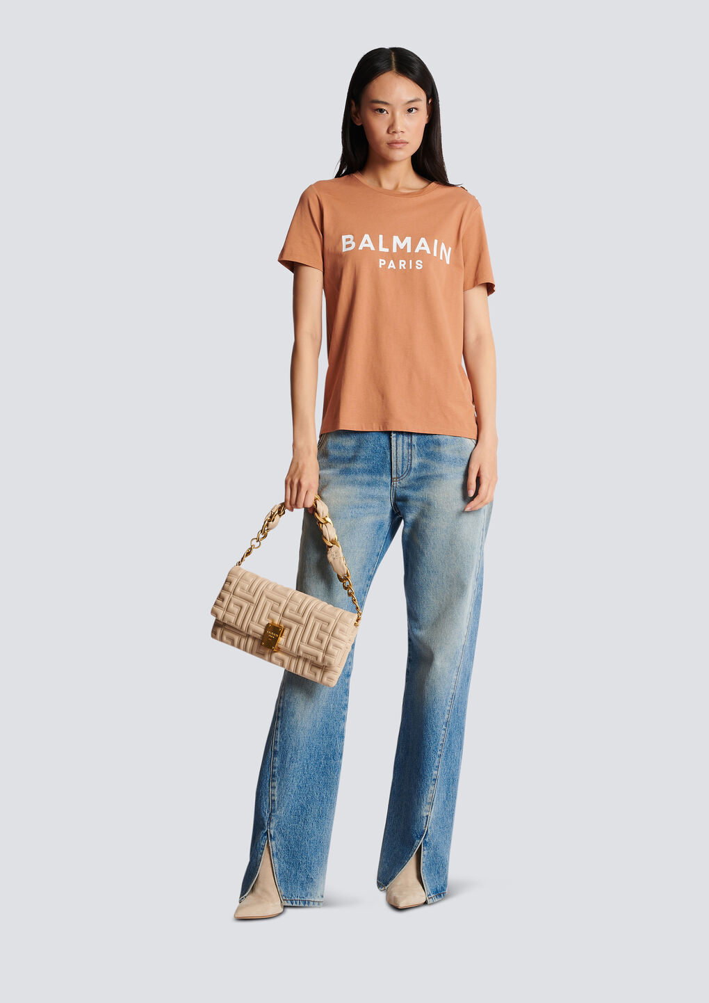 Shop Balmain Buttoned Printed Logo T-shirt In Nude