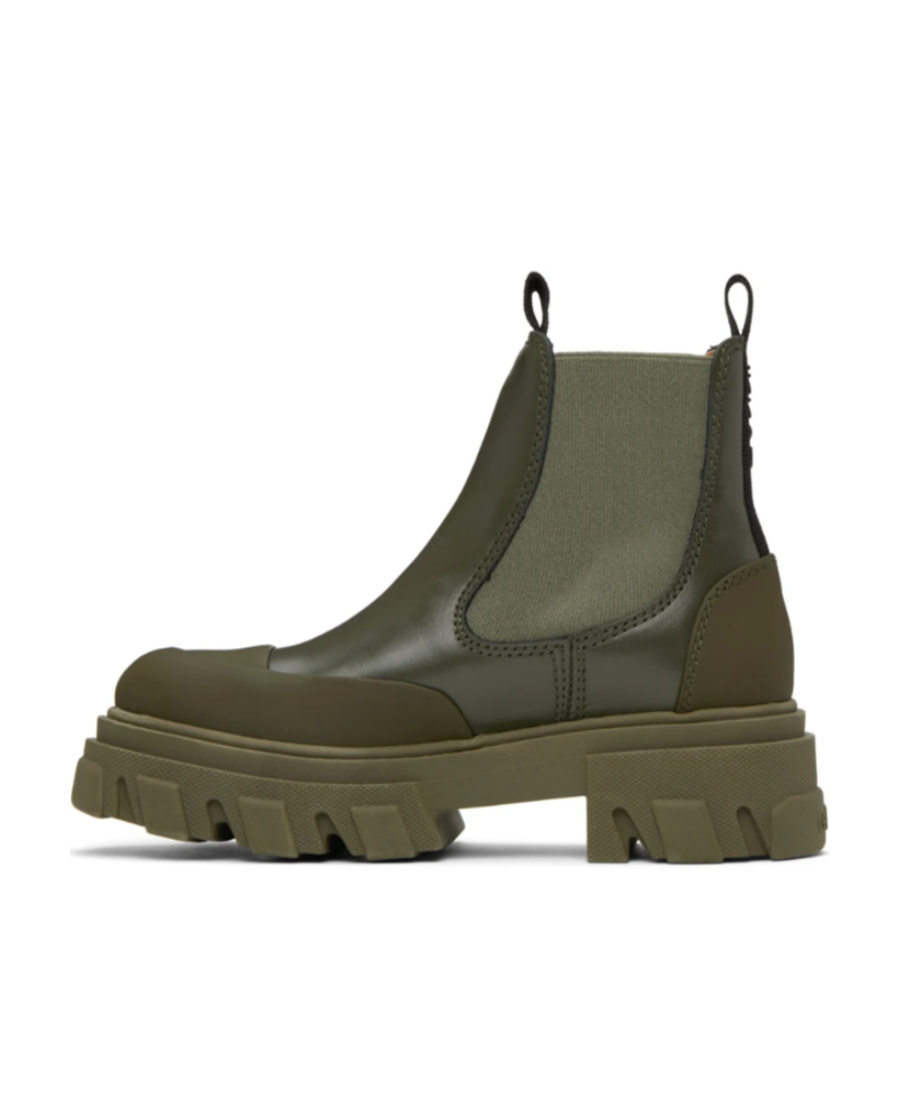 Ganni Khaki Cleated Low Chelsea Boots In Green