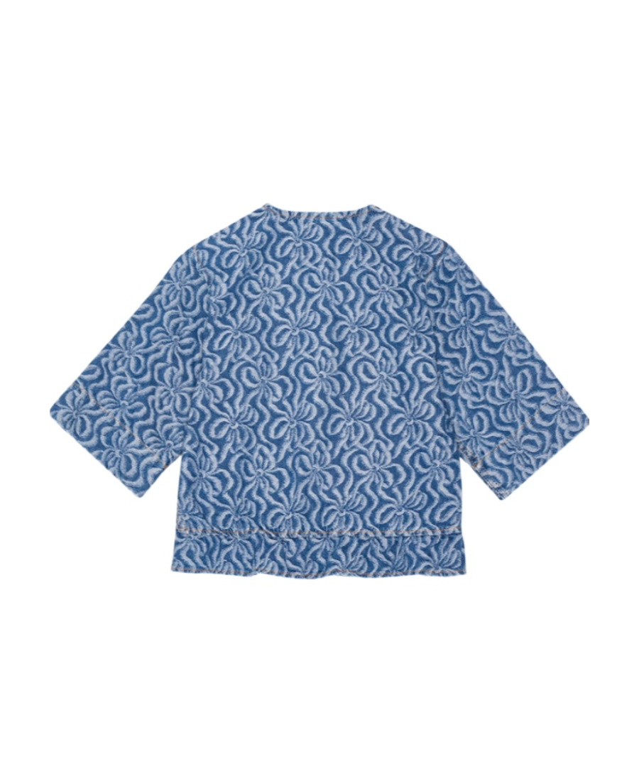 Ganni Tie-detailed Jacquard-denim Peplum Top In Blue