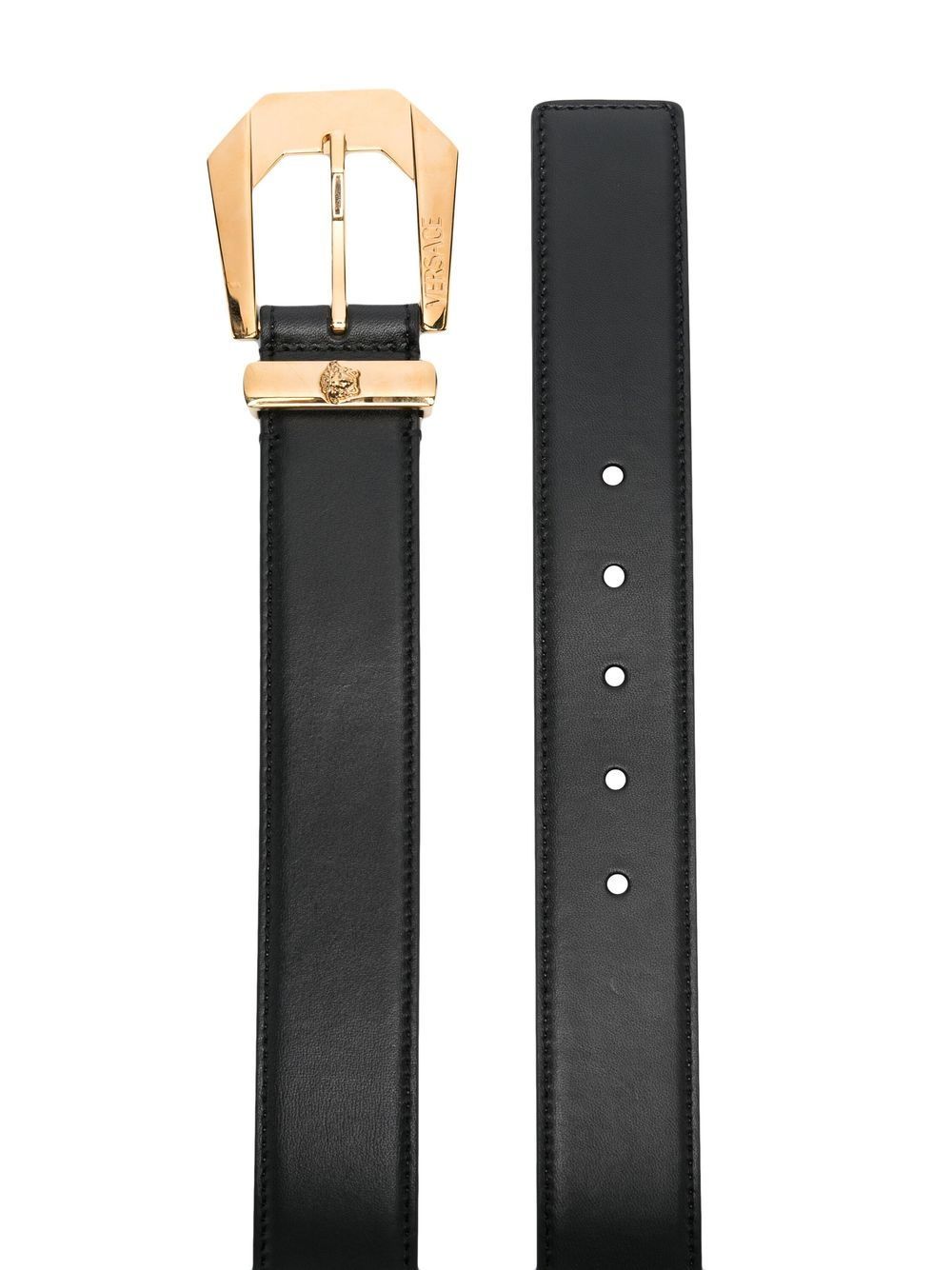Versace Embossed-logo Gold-tone Belt In Black