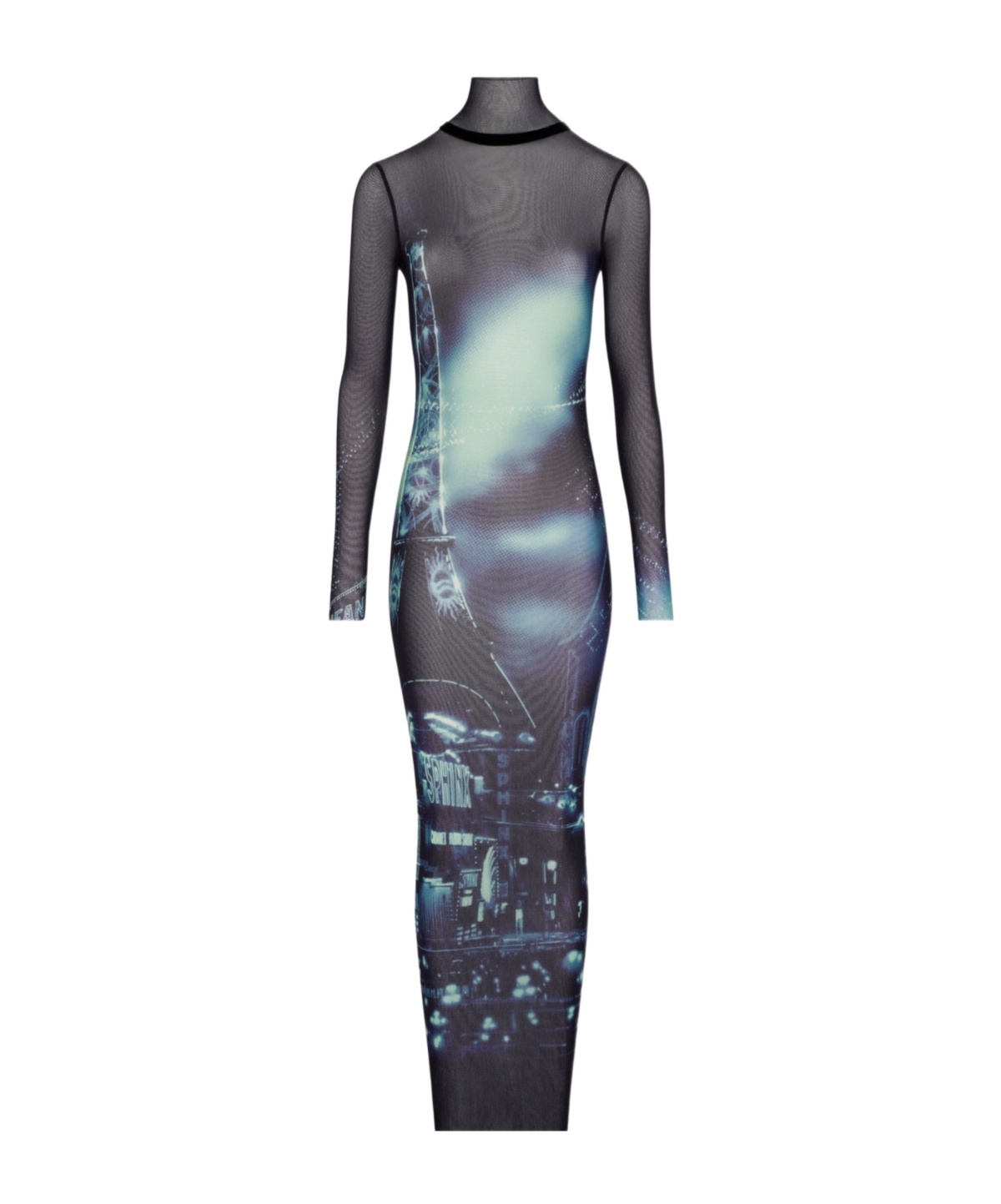 Jean Paul Gaultier Turtleneck Mesh Long Dress Printed "pigalle" In Black
